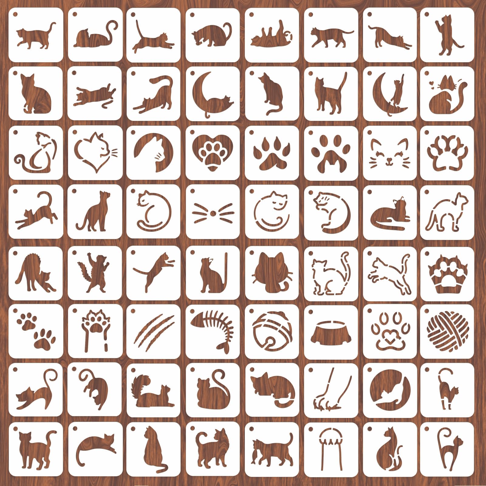 INFUNLY 64PCS 3x3 Inches Cat Stencils for Paint Reusable Kitty Hollow Drawing Templates Cartoon Decor Stencils Painting Template for Wall Card Rock Wood Signs Coasters Canvas Home Decor