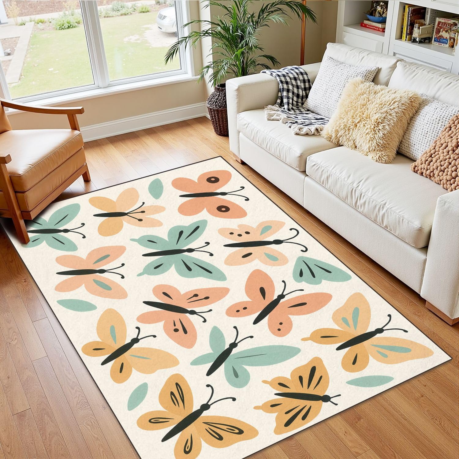 4x5 Boho Rug Rugs for Living Room Rugs for Entryway Butterflies Seamless Scandinavian Style Drawn Butterflies Bedroom Rug Door Mat Nursery Room Decor Rainbow Carpets