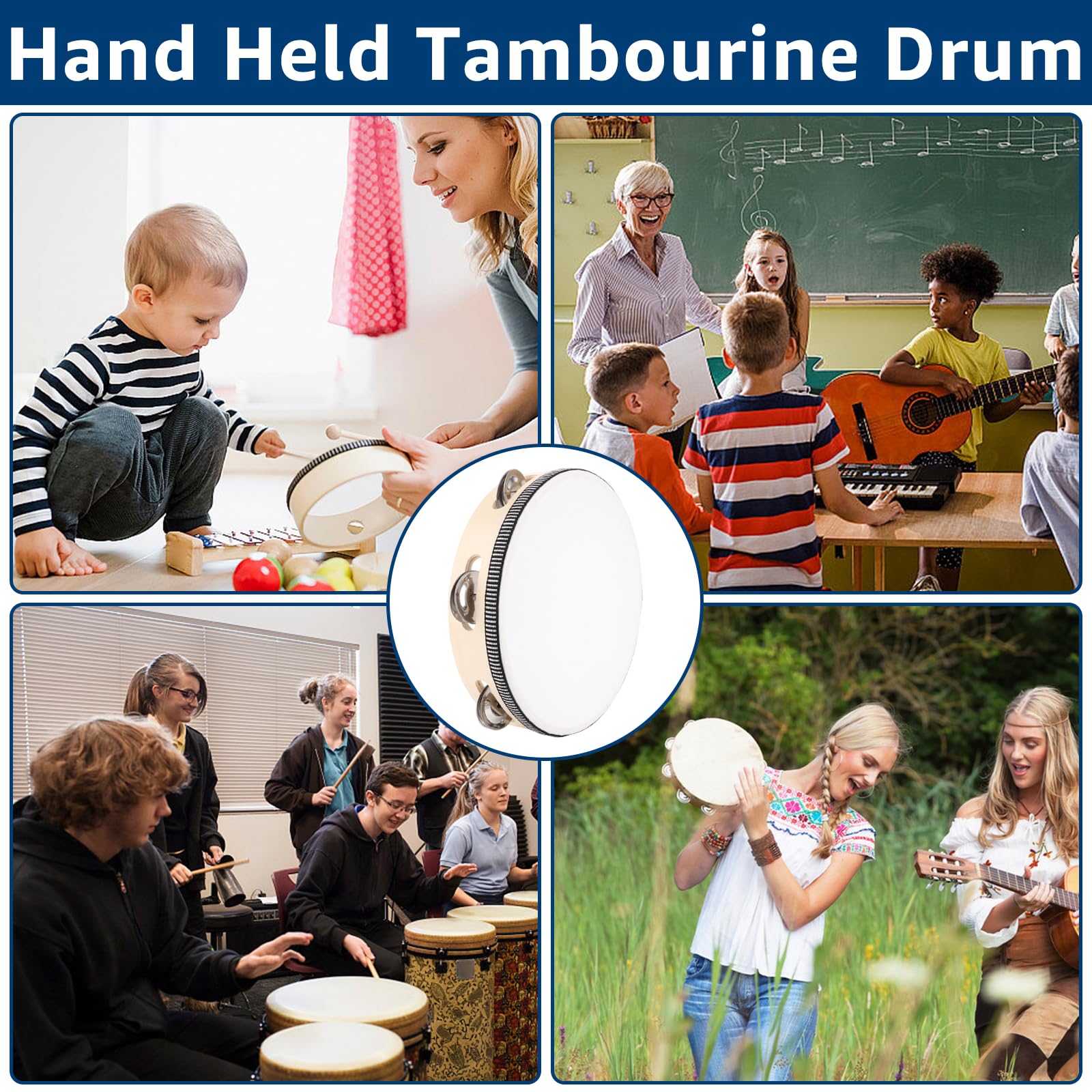 MIVIDE 4-Teilig Handtrommel mit Schlägel, Holz Tambourin, Handtrommel Set für Party, Leistungen(4zoll, 6zoll, 8zoll und 10zoll)