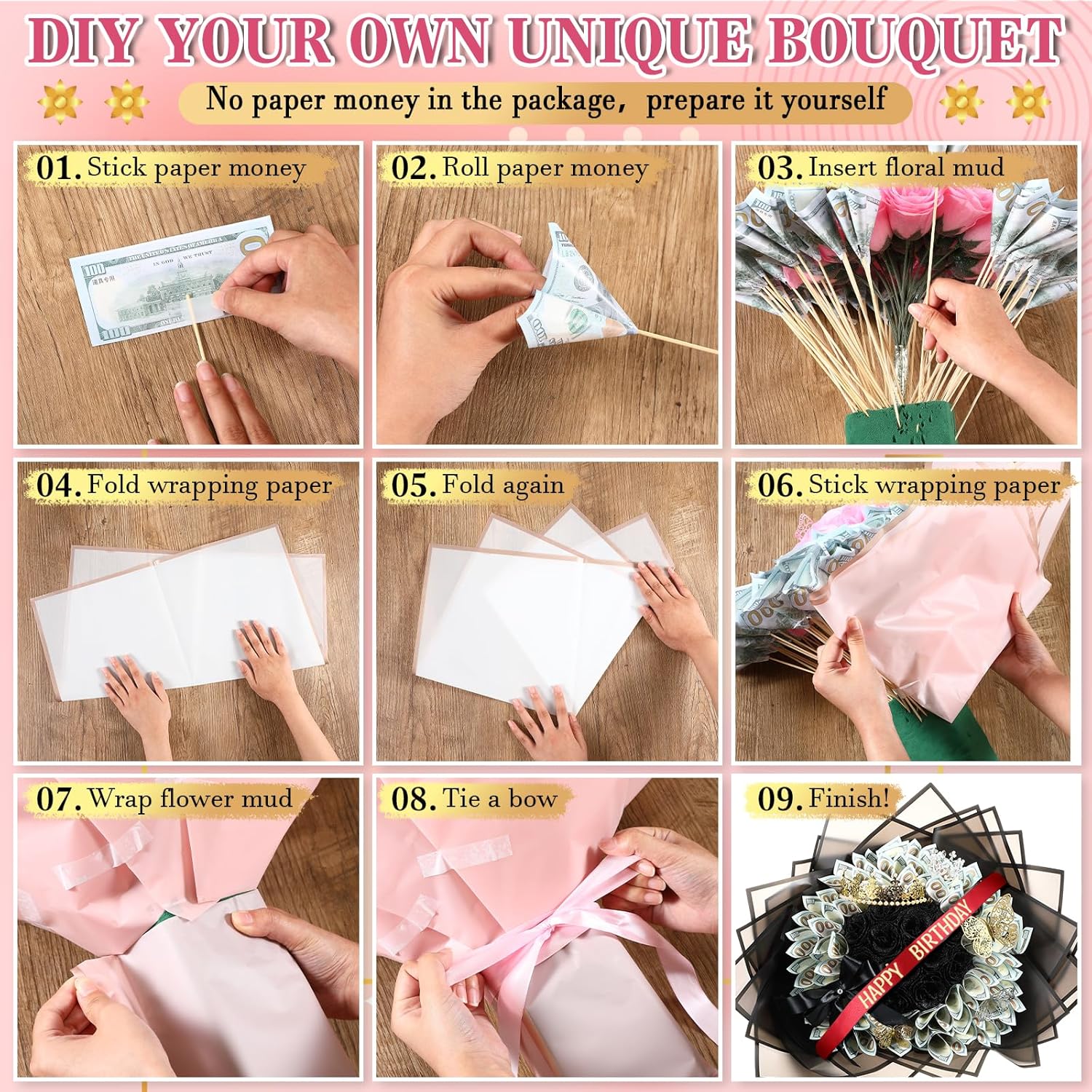XunYee Bouquet Kit 20 Sheet Flower Wrapping Paper 100 Pcs Bamboo Skewers Floral Foam Blocks for Anniversary Birthday Gift Graduation Mother's Day(Transparent Black)