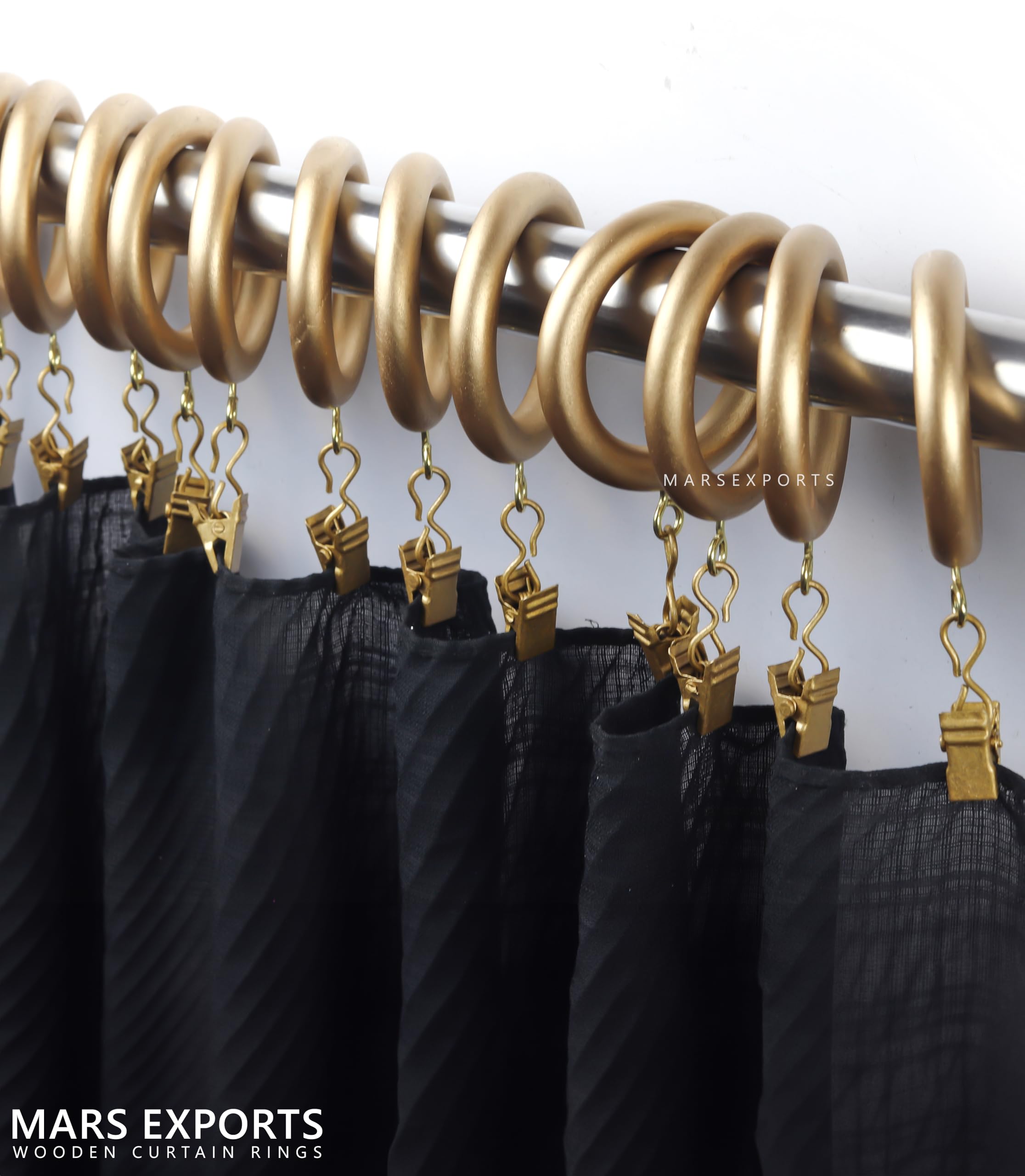 24 Pieces Golden Wooden Curtain Rings with Clips | 1.75 Inch Inner Diameter | Fits 1 to 1.5 Inch Rods | Eyelet Drapery Hooks for Window & Shower Curtains