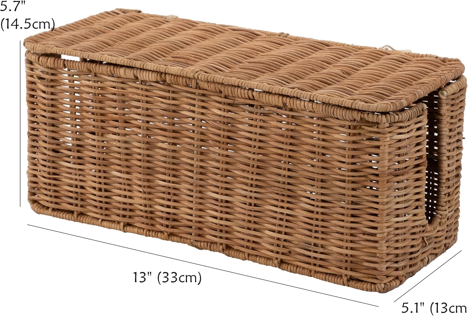 PEMAR Natural Rattan Wicker Cable Management Box, Cable Organizer, 2 Open Slots, Under Desk Cord Organizer, Cover & Hide Power Strips for TV Desk, Computer, Router, USB Hub (Natural Brown Color)