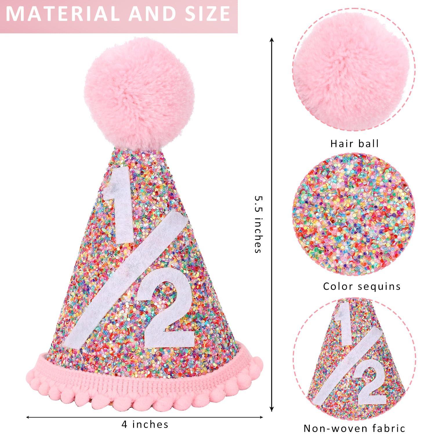 Eoopoon Rainbow Cone Birthday Hat, Glitter Half Birthday Rainbow Hat, Perfect Party Decoration for Boys and Girls, Baby Photo Props(Cone 1/2)