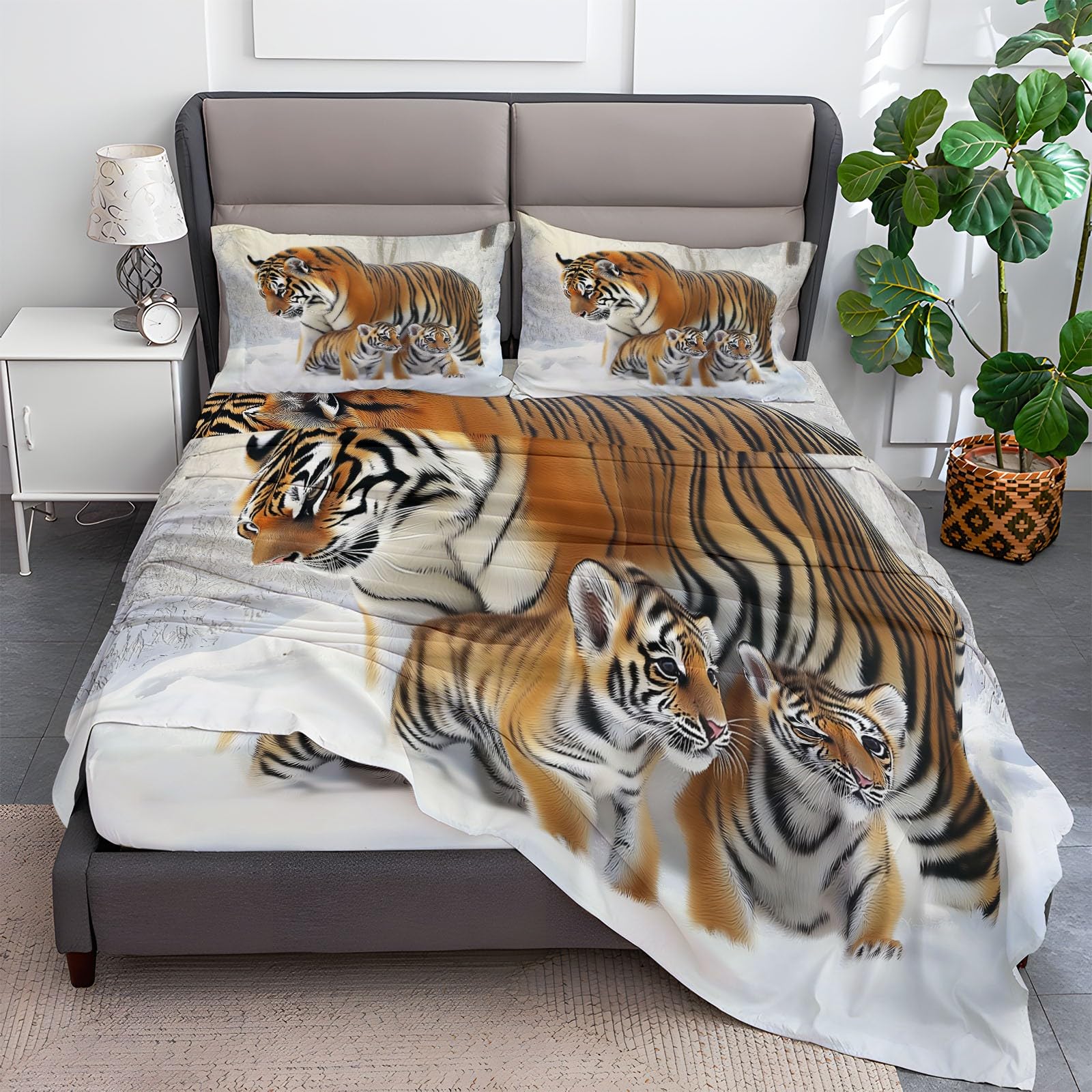 Fitted Sheet Twin Size Bedding Set for Kids Girls Women Men Room Decor, Soft Microfiber & Deep Pocket & Wrinkle Free Animal Tiger Bedding Sheets, Brown