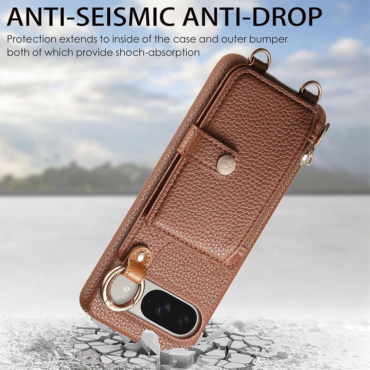 Wallet Case for Google Pixel 9 Pro XL with Lanyard Strap Card Slot Holder RFID Blocking 360° Ring Kickstand,Magnetic Flip Folio Zipper Purse Case, PU Leather Cover Handbag,Brown