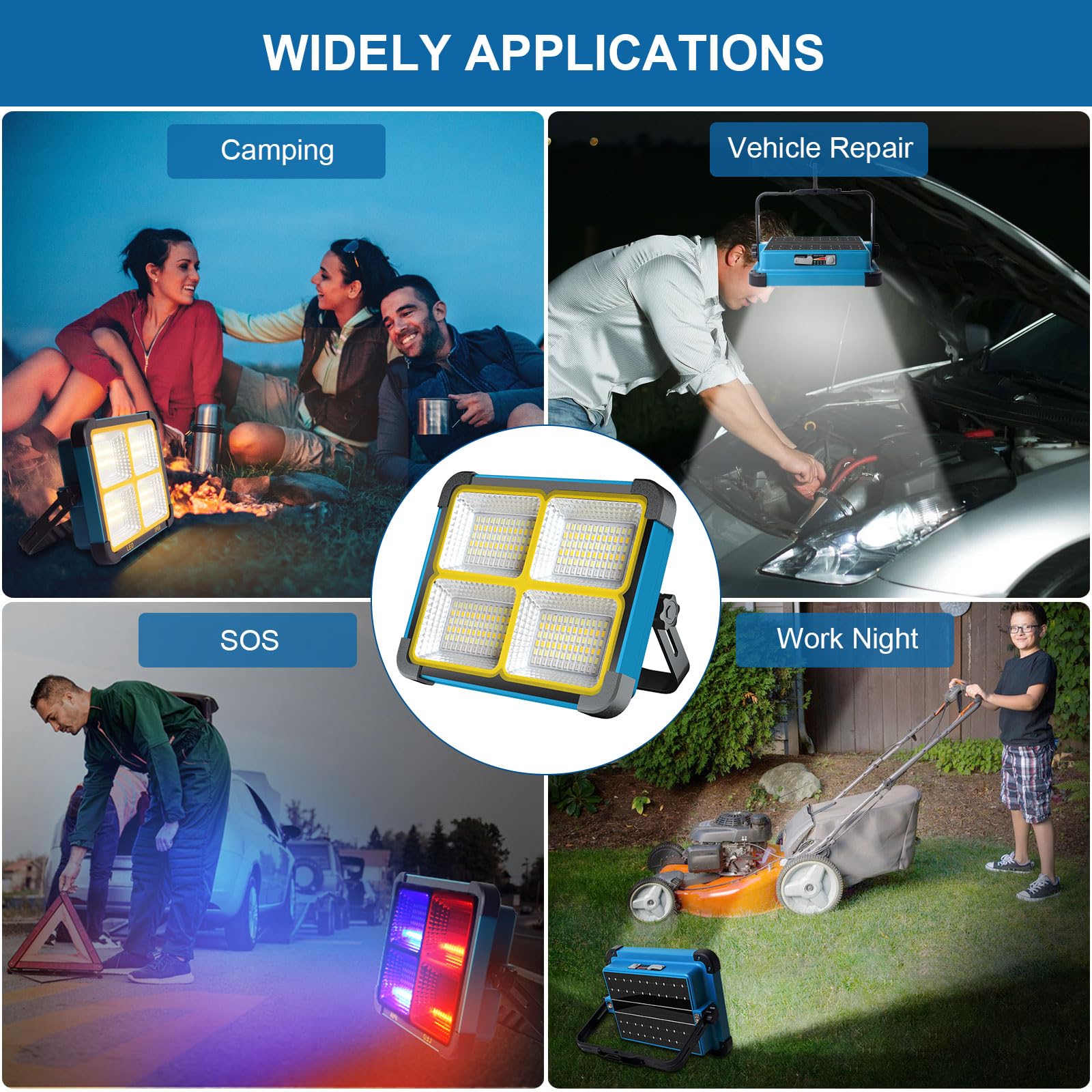 Projecteur LED Rechargeable, 5 Modes/288 LEDs, 10000mAh, 10000mAh | Lampe de travail à recharge solaire, avec lumière rouge et bleue, adaptée aux situations d'urgence/camping/chantiers