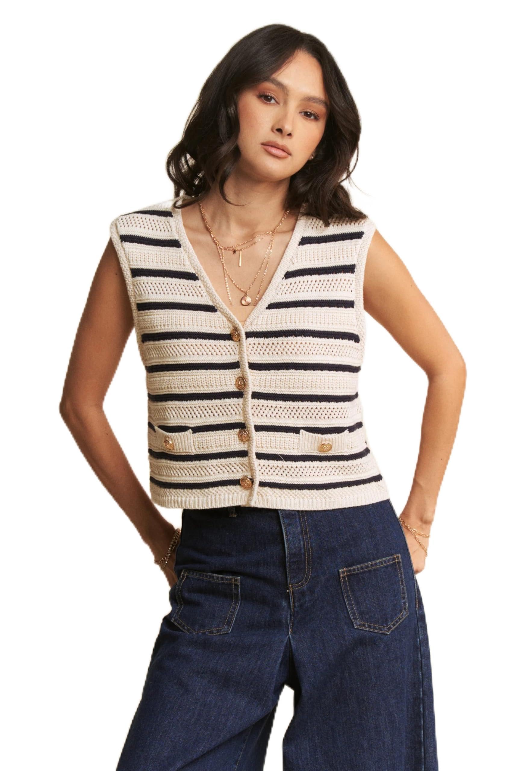 Davi Dani Sleeveless Cropped Striped Sweater Knit Vest Top White L