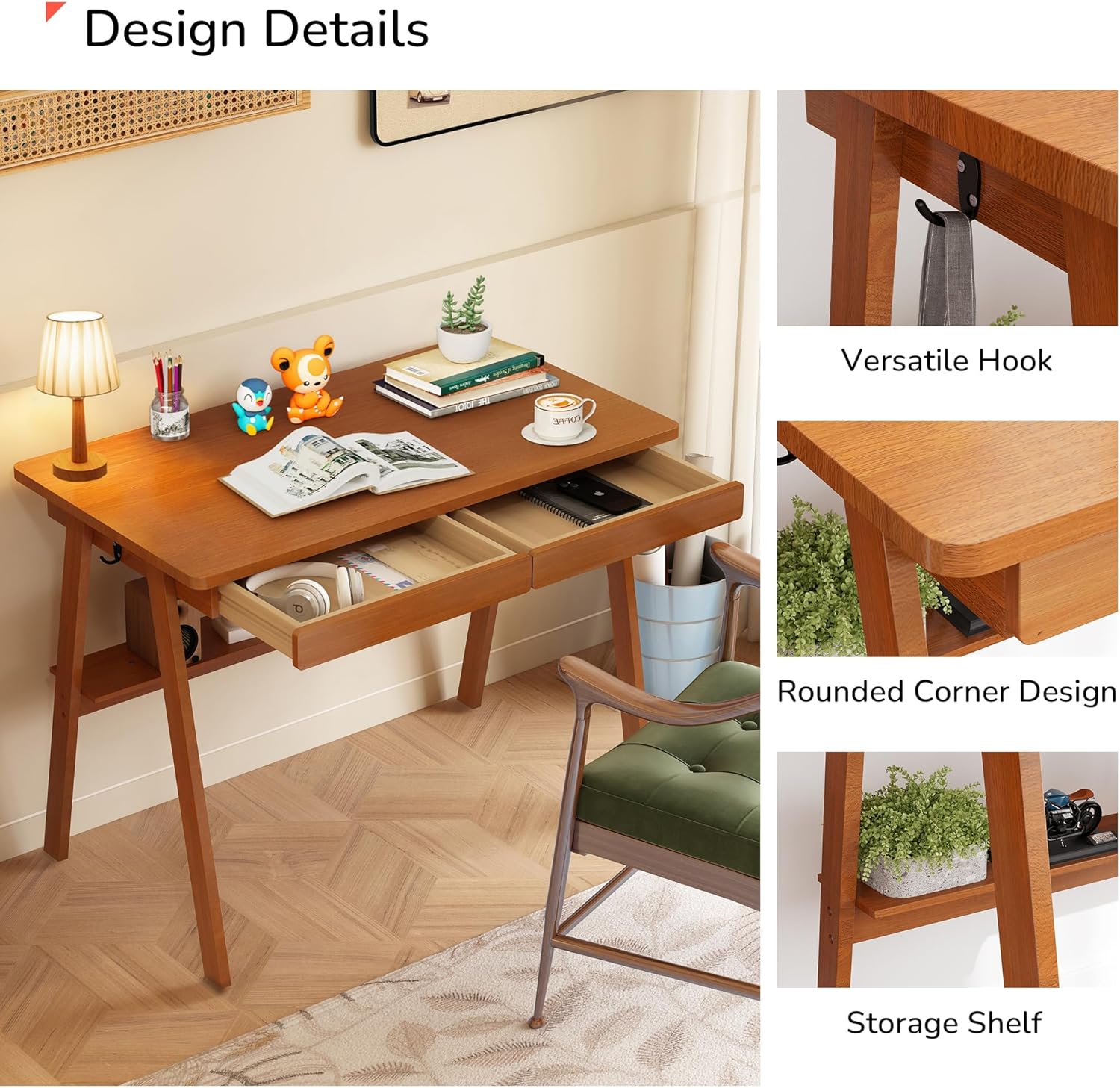 100% Solid Wood Writing Desk - 39.4" Mid Century Modern Home Office Desks, Small Computer Desk for Small Spaces with 2 Drawers and Storage Shelf, Laptop Study Table for Bedroom/Living Room, Walnut