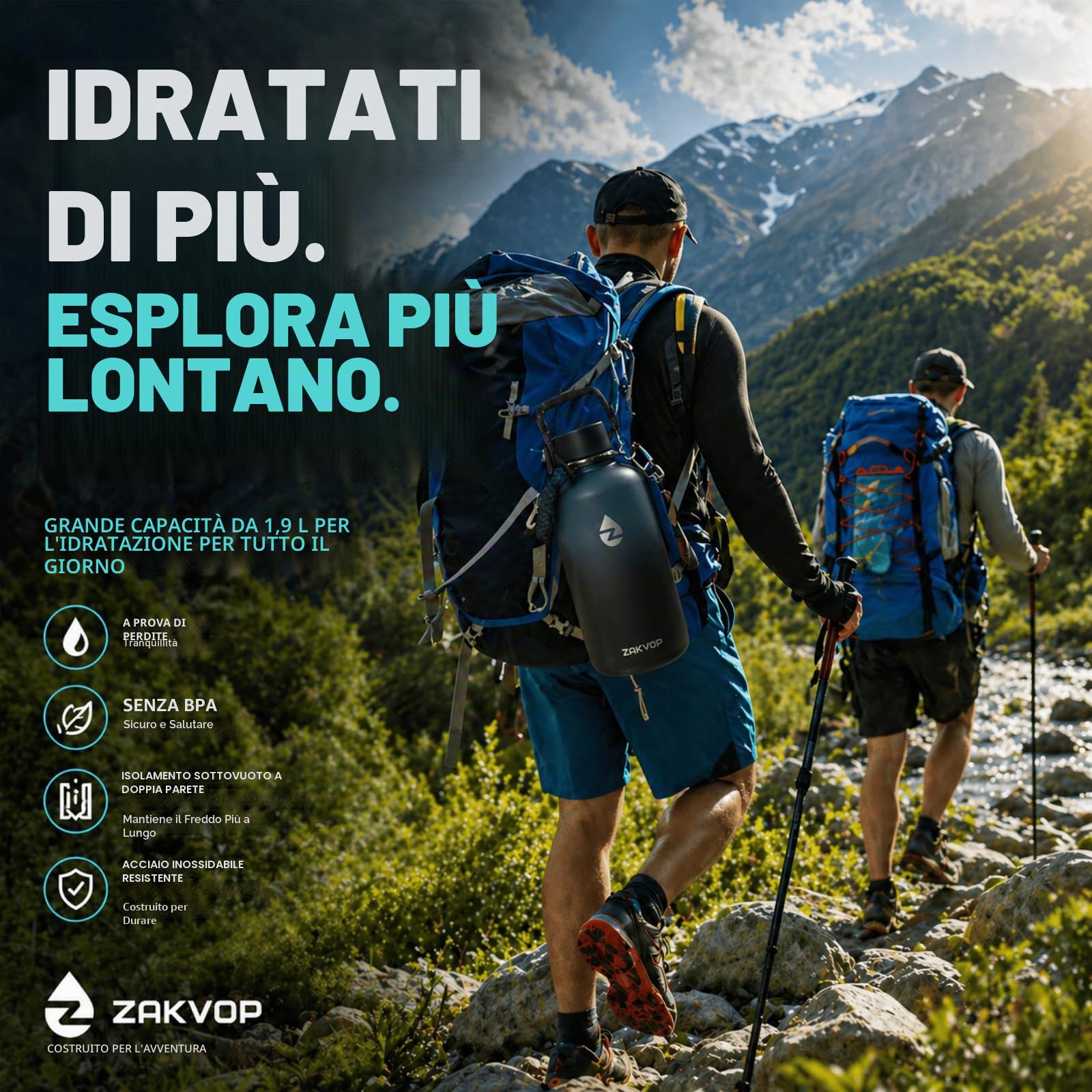 Borraccia Termica 2 Litri con Cannucce e 3 Coperchi, Borraccia Acciaio Inox con Manico in Paracord, Bottiglia Termica con Spazzole per Palestra, Escursionismo, Campeggio (Rosso+Viola)