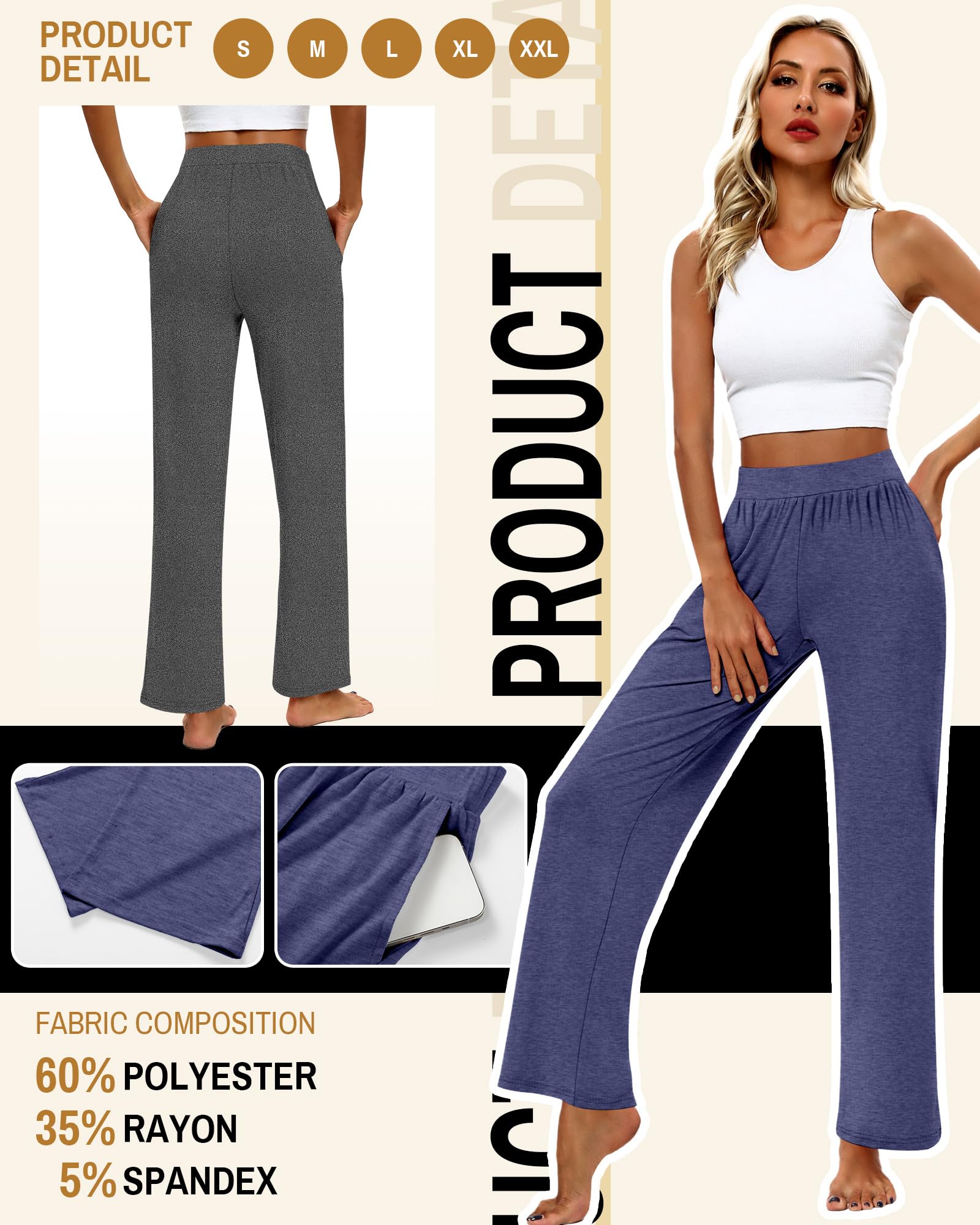 Geyoga 3er Pack Damen Loungewear Hosen mit Taschen Weites Bein Bequeme Loungewear Hosen Locker Fallende Yoga Jogginghosen