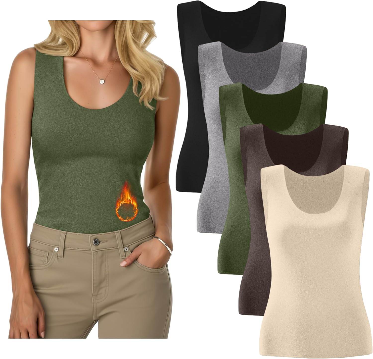 5 Pack Women's Thermal Tank Tops Fleece No Hem Thermal Underwear Sleeveless Tops Camisole Warm Base Layer
