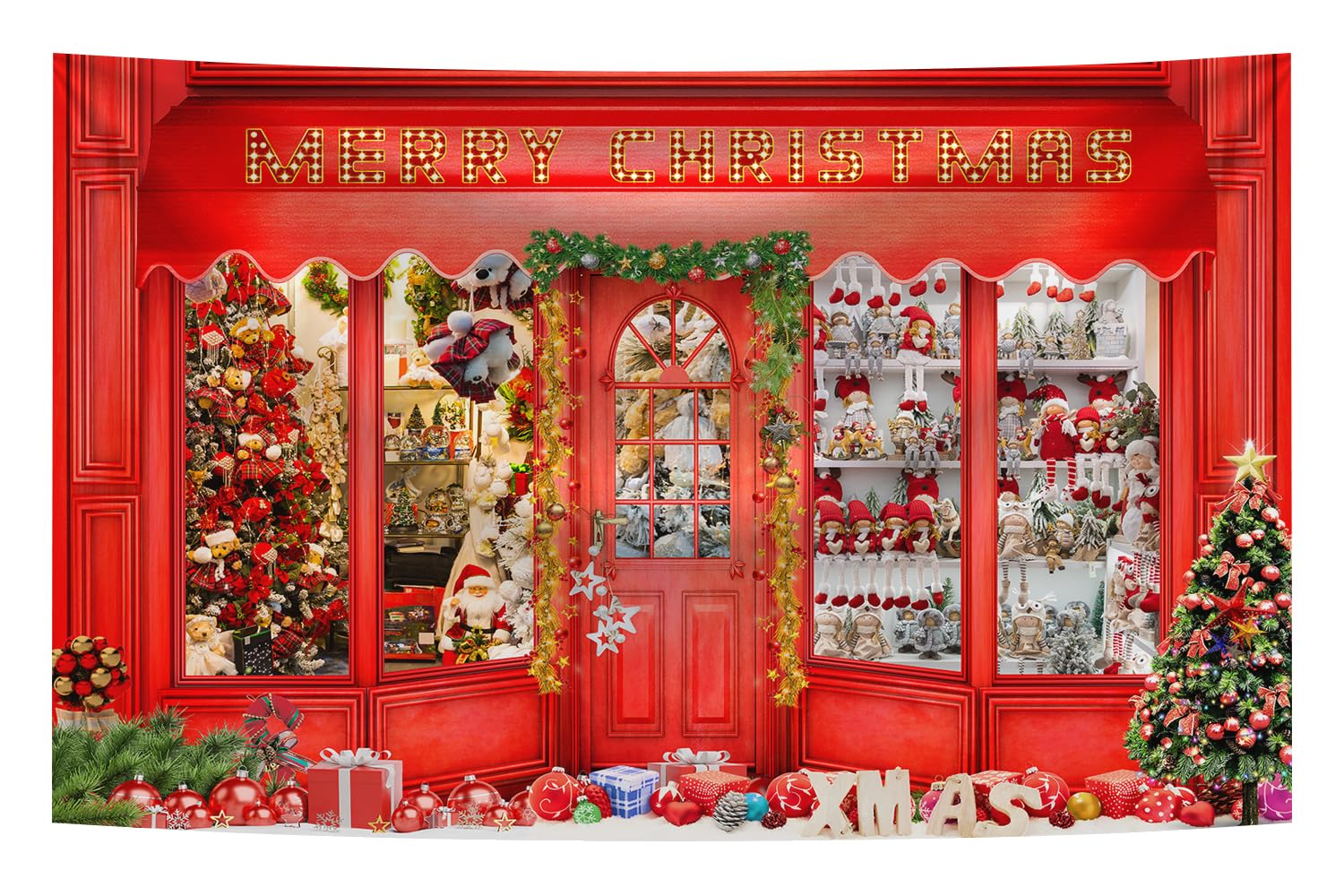 8X6FT Merry Christmas Red Backdrop Santa's Toy Shop White Snow Background World Xmas Family Holiday Party Banner Decoration Photography Happy New Year