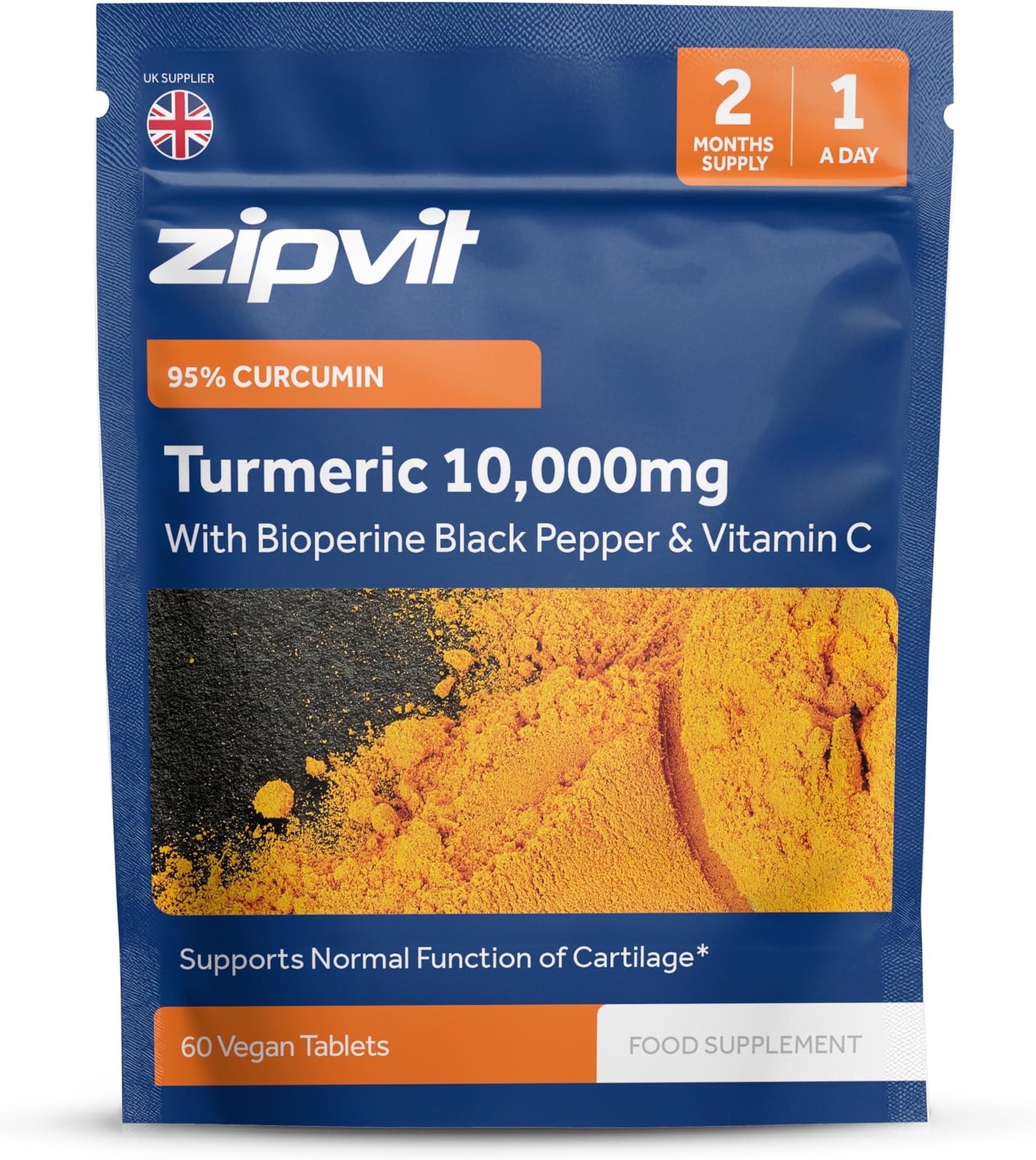 Zipvit Turmeric Tablets 10,000mg Providing 95% Active Curcumin with Bioperine Black Pepper & Vitamin C, 60 Vegan Tablets, 1 a Day, 2 Month Supply