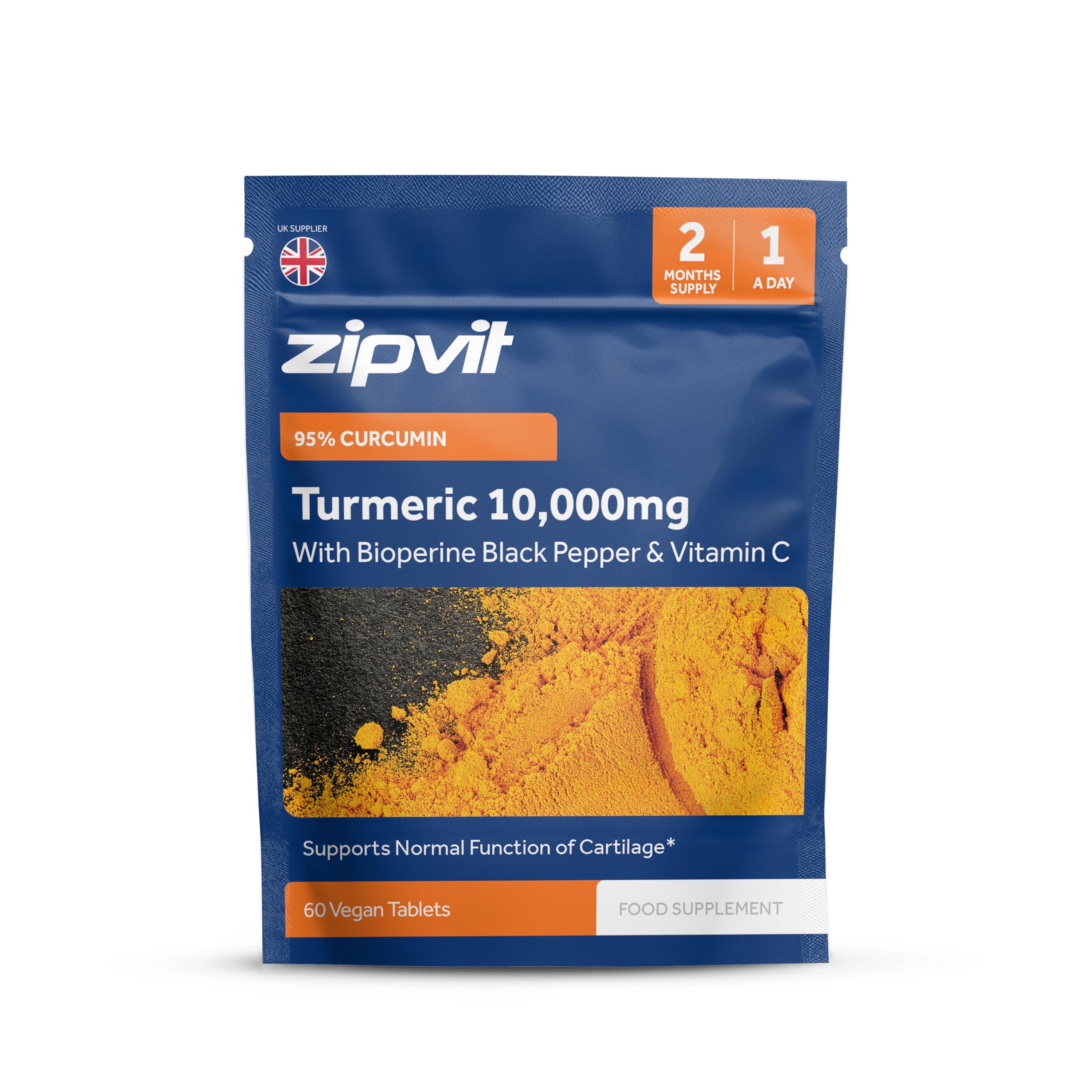 Zipvit High Strength 10,000mg Turmeric and Black Pepper with Vitamin C, Providing 95% Curcumin, 1 a Day Turmeric Supplement, 60 Vegan Tablets, 2 Month Supply