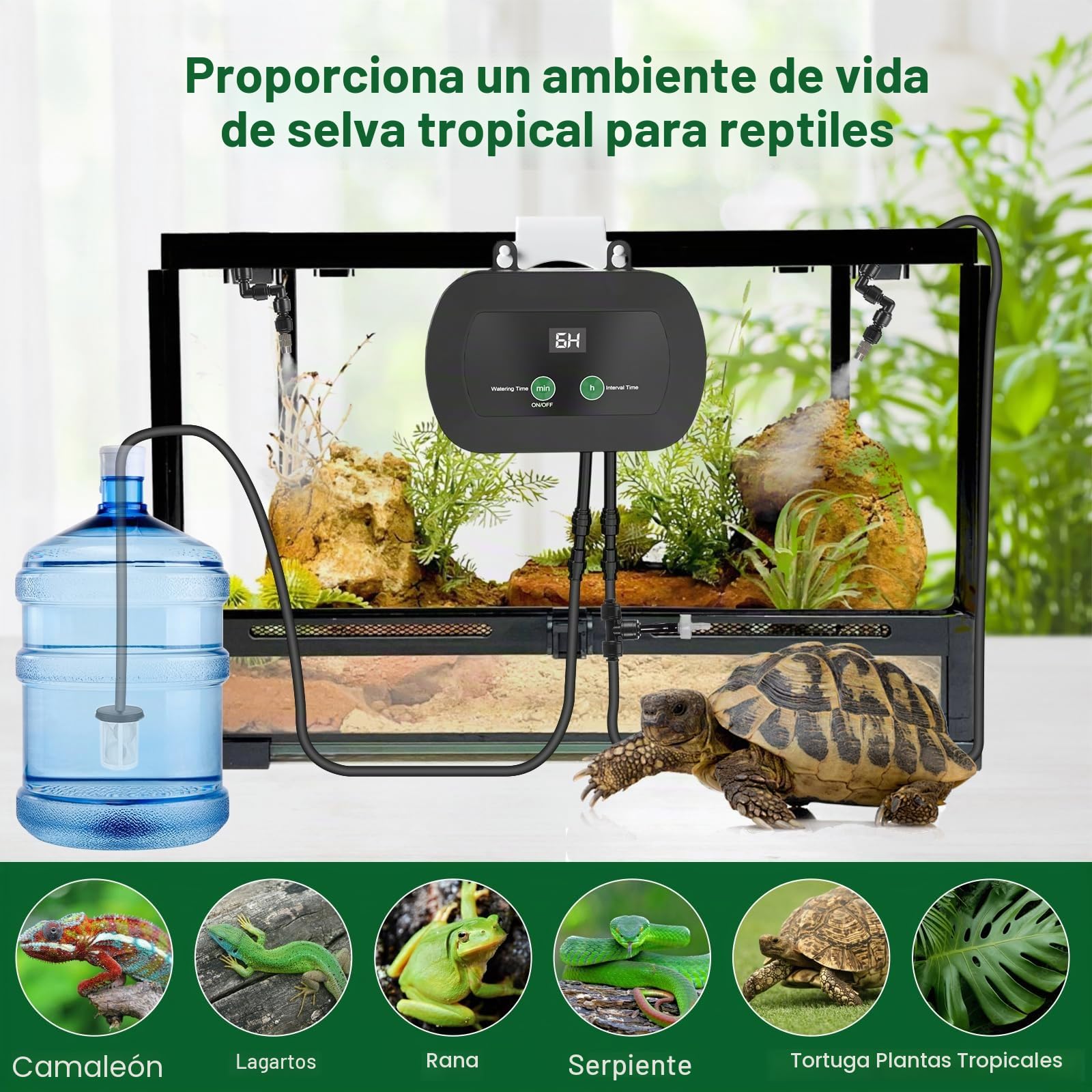 Inteligente Humidificador de Reptiles, Sistema de Riego Terrario, Boquillas Pulverizadoras Ajustable 360 °, Control Remoto por Teléfono Móvil Nebulizador Terrario para Plantas Reptiles
