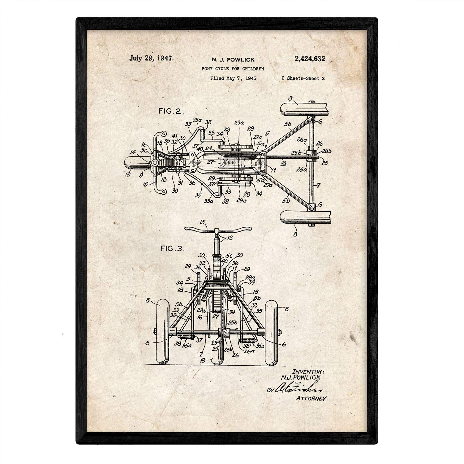 Nacnic Poster patent Tricycle. Sheet with old design patent in A3 size and vintage background, 42L x 7W cm