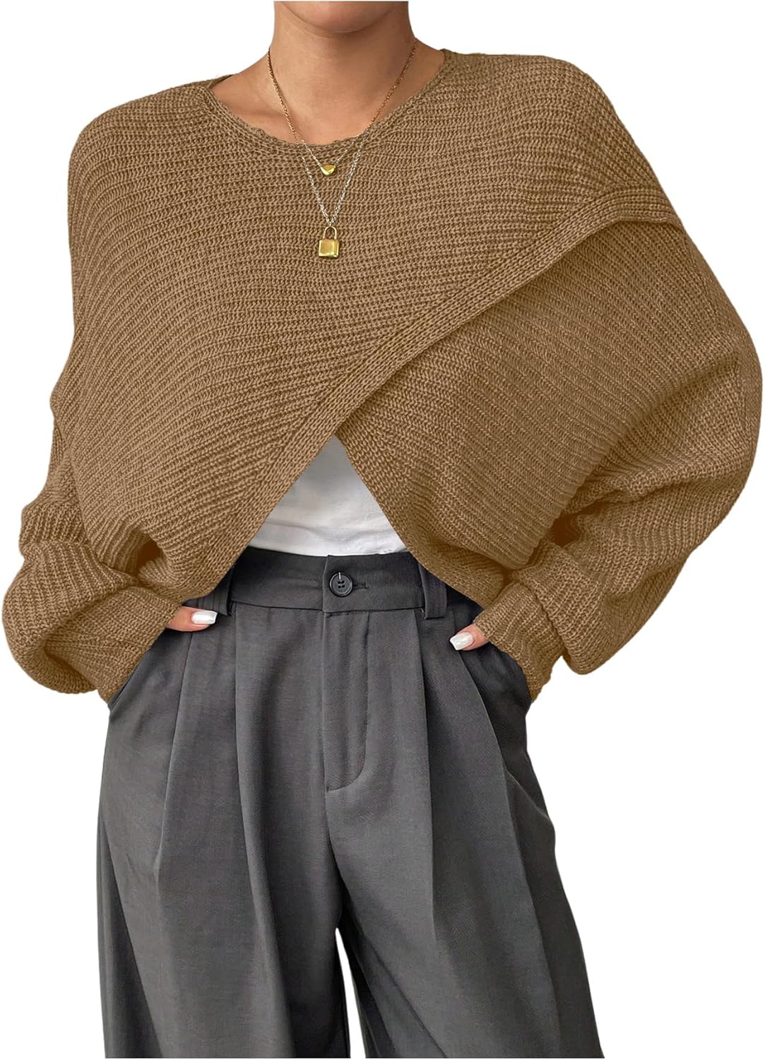 Verdusa Women's Lightweight Asymmetrical Wrap Fall Sweater Tops Old Money Puff Sleeve Cropped Sweaters Coat