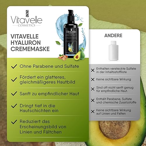 Miniatura 6 de VITAVELLE Mascarilla hidratante para el cuidado de la piel, crema facial hialurónica, máscara facial para el cuidado de la piel sensible, mascarilla