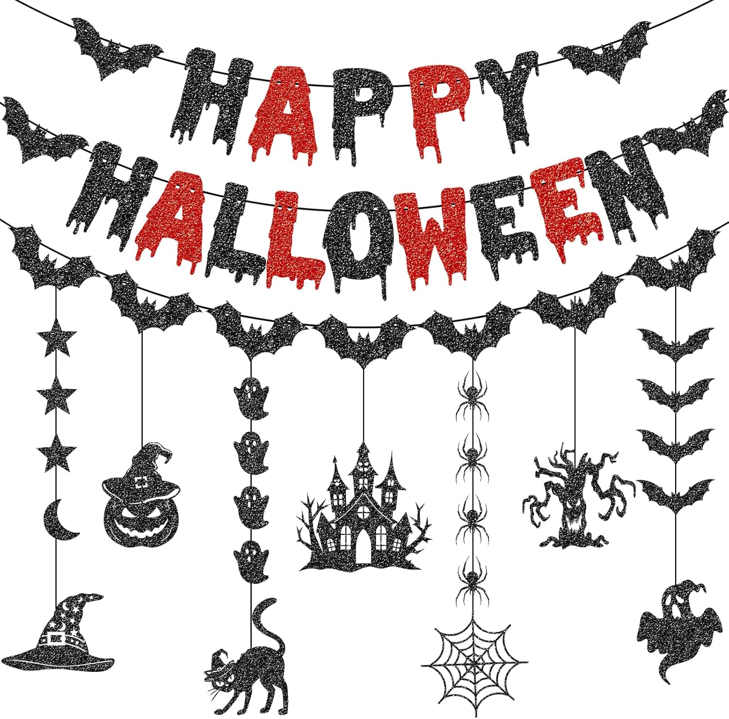 Glittery Bloody Happy Halloween Banner Halloween Decorations Black and Red Hanging Garland for Spooky Horror Party Scary Summerween Bat Banner Favors for Indoor Outdoor Home Wall Birthday Supplies