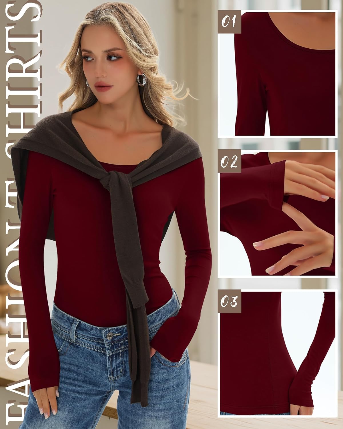 7 Pack Women's Long Sleeve Shirts Multipack Scoop Neck Tops Slim Fit Undershirt Basic Layer Winter