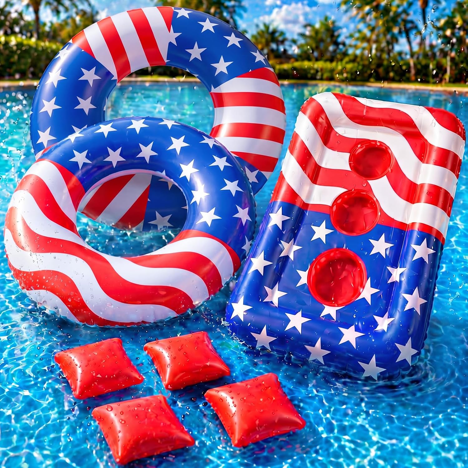 3/6 Pcs 4th of July Inflatable Pool Floats Game Set, Patriotic Floating Pool Cornhole Game & 36" USA Flag Swimming Ring Tubes for Adults Family 4th of July 250th Anniversary Party