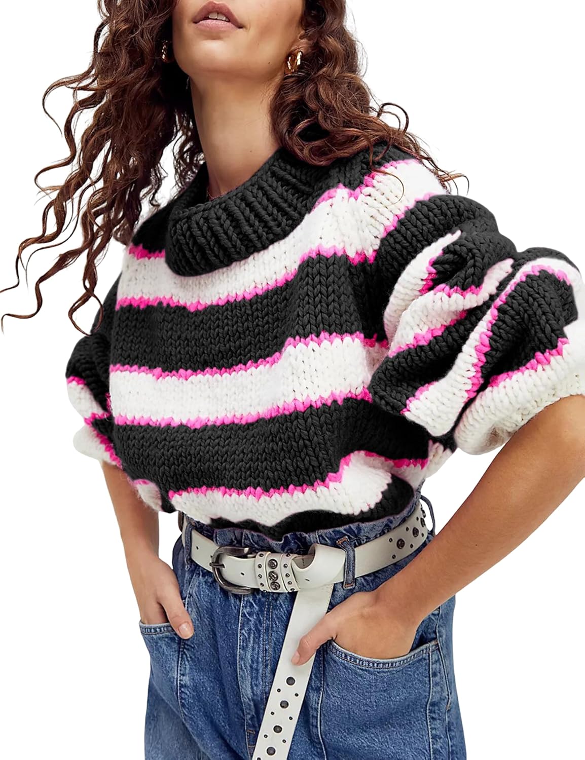 Yeokou Women Stripe Pullover Sweater Turtleneck Ribbed Knit Top Casual Fall Winter Chunky Knitwear