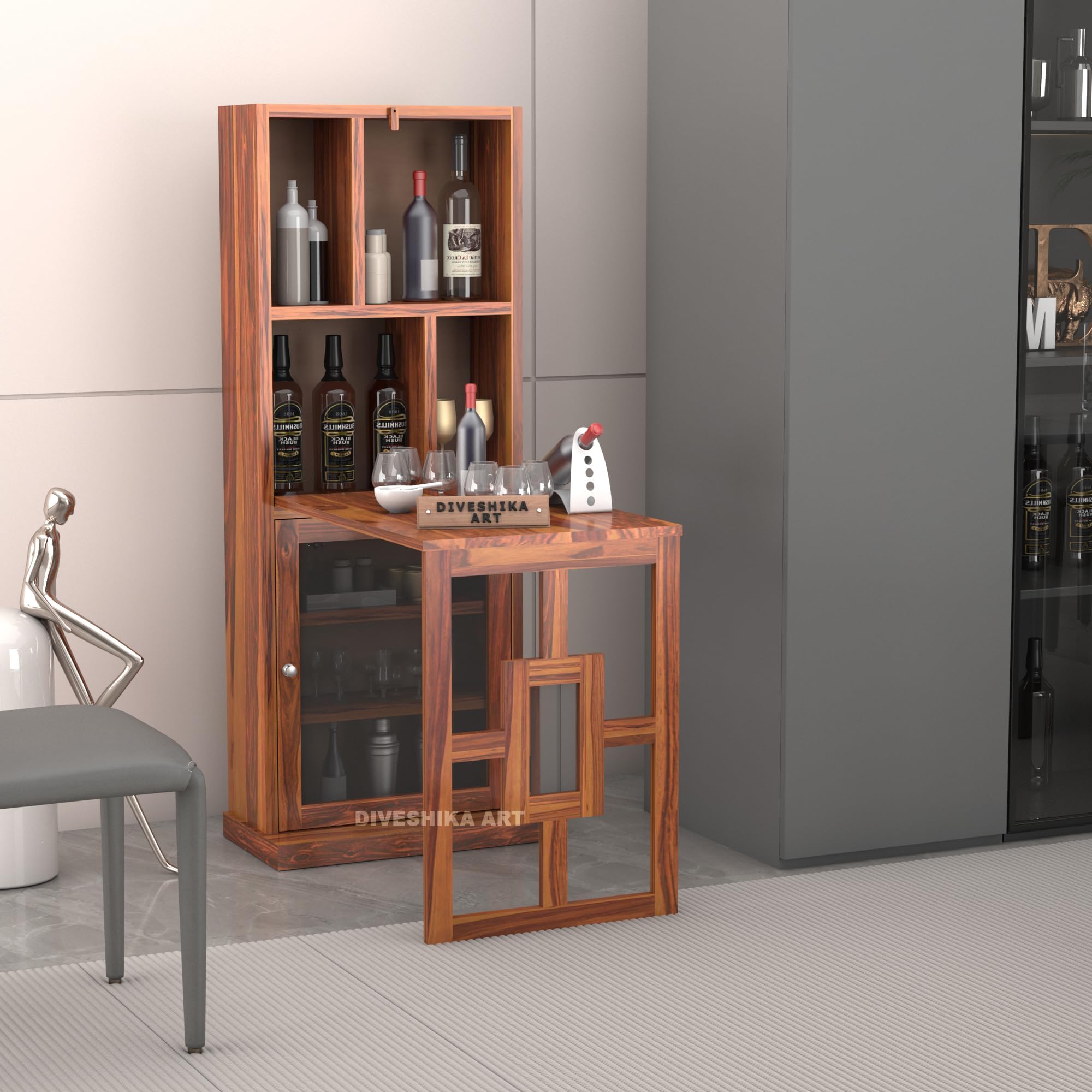 Solid Sheesham Wooden Bar Cabinet for Home - Wooden Wine Rack for Home Bar - Foldable Modern Bar with Shelves & Glass Door Storage (Honey)