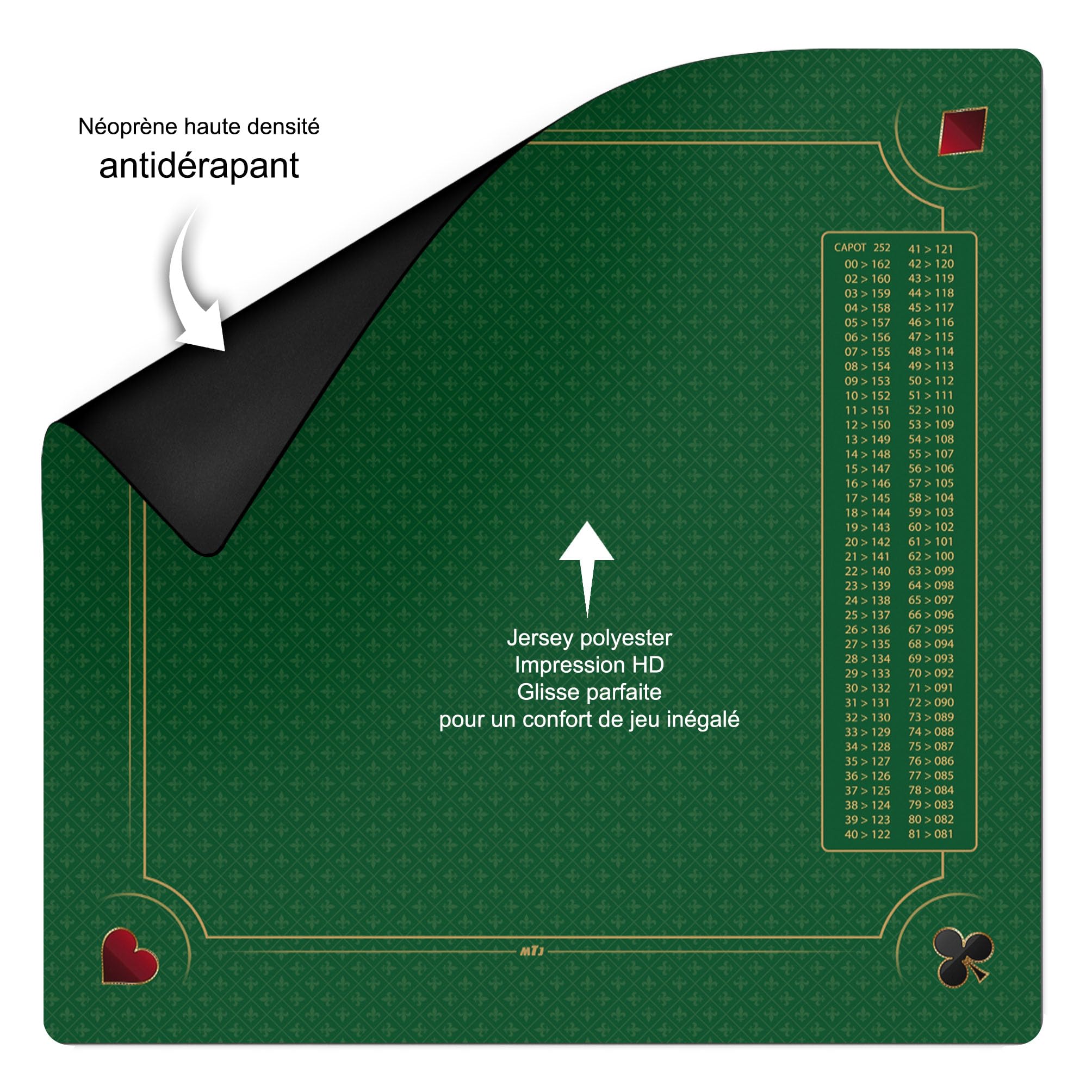 MTJ - Tapis Belote Prestige Classic Galonné - 60x60cm - Matière Jersey Néoprène - Fabrication Française
