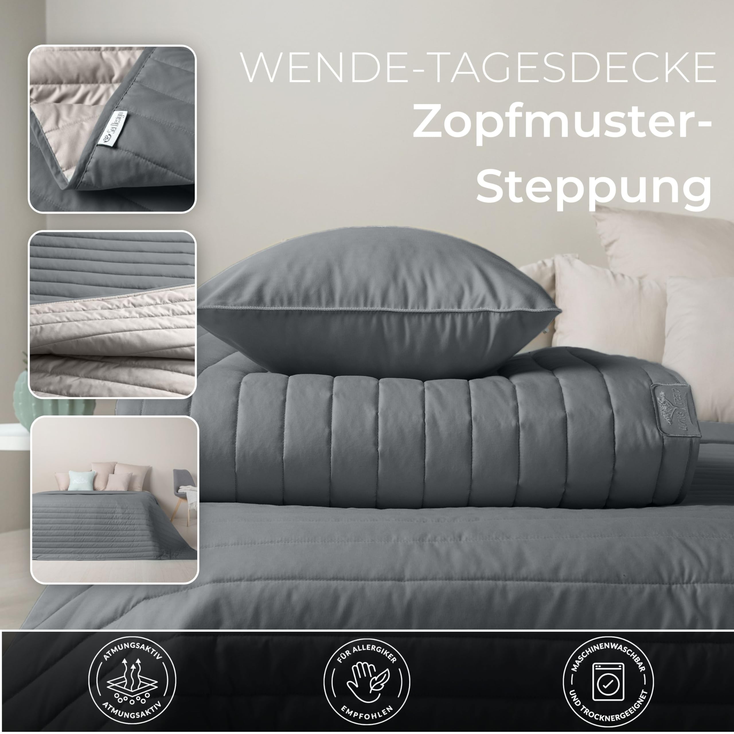 sei Design Luxus Tagesdecke 240x260 – Kuscheldecke & Überwurfdecke Beige - Grau – Sofadecke, Bettüberwurf & Deko für Schlafzimmer – Steppdecke flauschig, Wendedecke modern