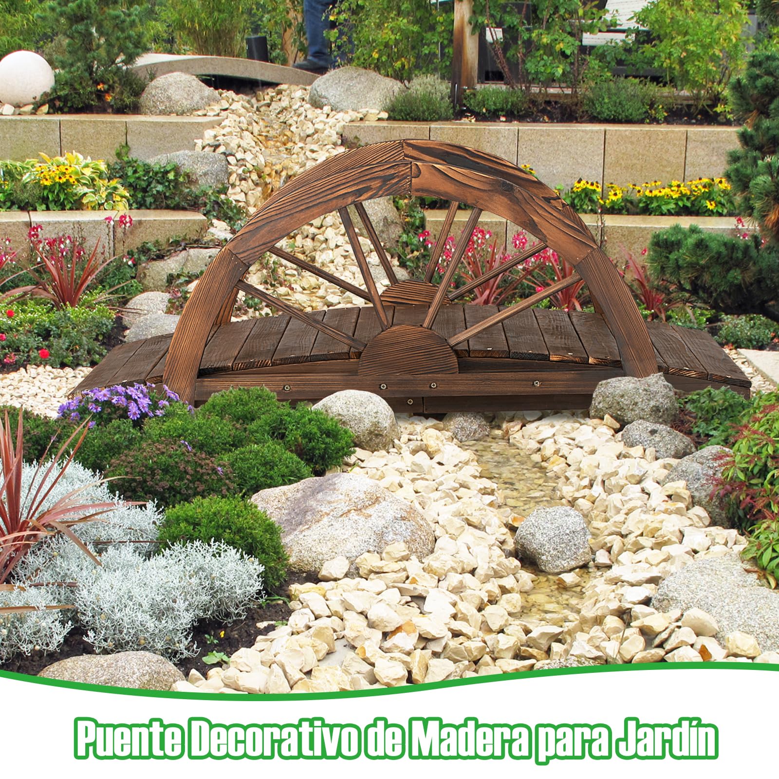 GOPLUS Puente de Jardín de Madera Abeto de 100 cm, Puente de Arco con Barandillas de Seguridad en Forma de Rueda, Puente Decorativo para Estanque Patio Jardin Arroyo Granja, 101,5 x 48,5 x 38 cm