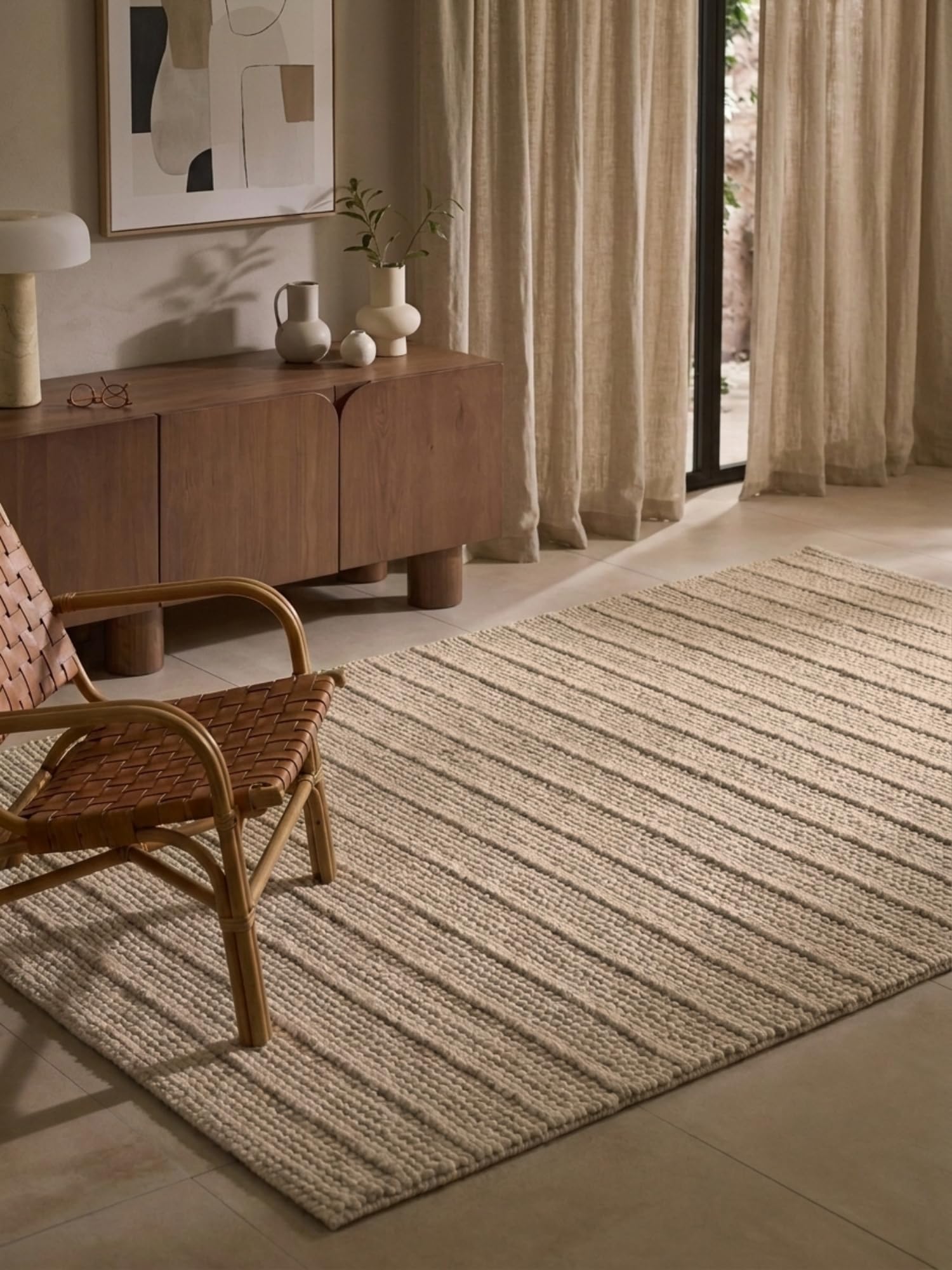 Ted Baker Wollteppich Parker - Natürlicher Wohnzimmerteppich, 100% Wolle, Handgewebt & Zeitlos, Naturfaser Teppich Gestreift Skandi für Wohnzimmer, Schlafzimmer, Esszimmer – Beige, 80x150 cm