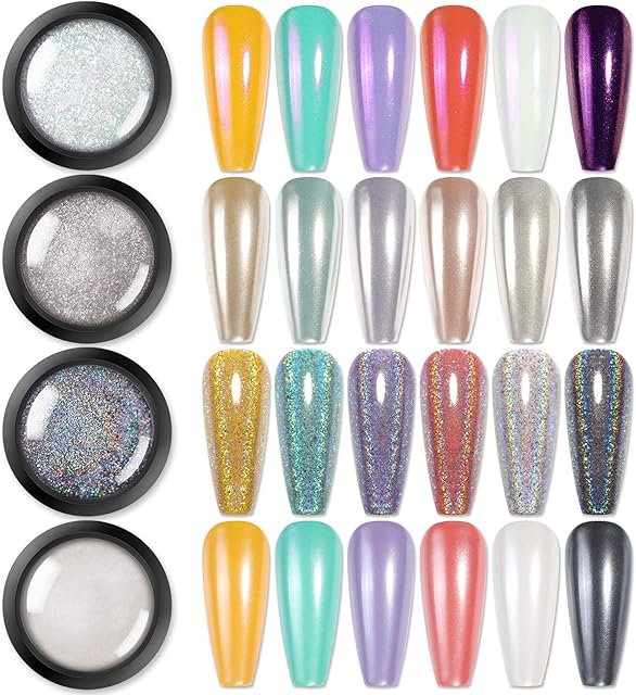 BORN PRETTY Chrome Nail Powder Holo Powder Nail Art Powder Mirror Glitter Rainbow Neon Pearl pearl Pigment Manicure Glitter Dust 4 Boxes