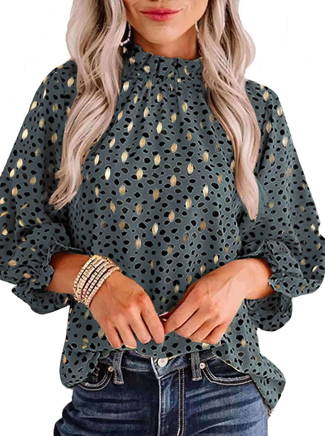 Avanova Women Polka Dot Long Sleeve Blouse Shirts Work Mock Neck Ruffle Top