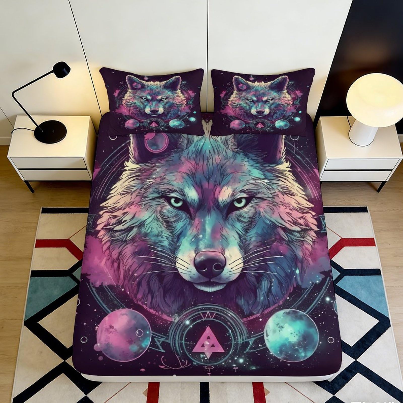 3D Printed Wolf Galaxy Fitted Sheet Microfiber Soft Non-Slip Cosmic Nebula Bed Cover for Bedroom Dorm Decor 90x200x25cm