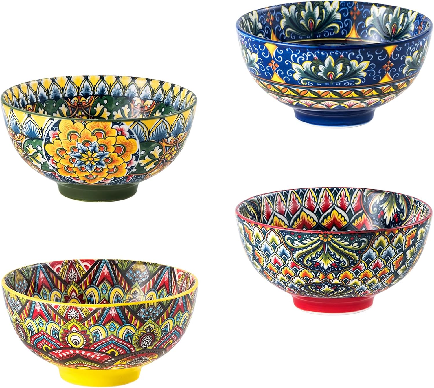 Henten Home Ceramic Soup Bowls Set of 6, Bohemia 22 oz Cereal Bowls Set, Porcelain Serving Bowls for Oatmeal, Salad, Pasta, Fruit, Decorative, Microwave & Dishwasher Safe