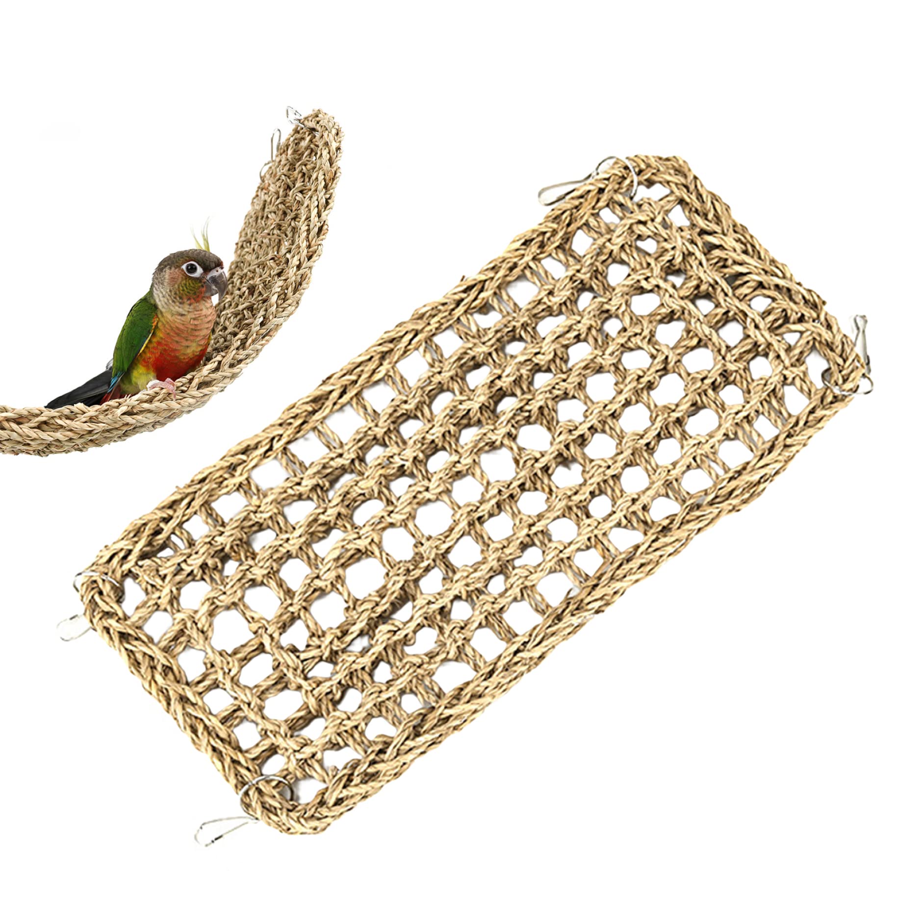 NIDONE Bird Cage Accessories,Bird Seagrass Mat 15.75X7.48 Inch Natural Grass Woven Bird Foraging Chew Wall Parakeet Climbing Rope Parrot Toys Hammock Mat with Hooks