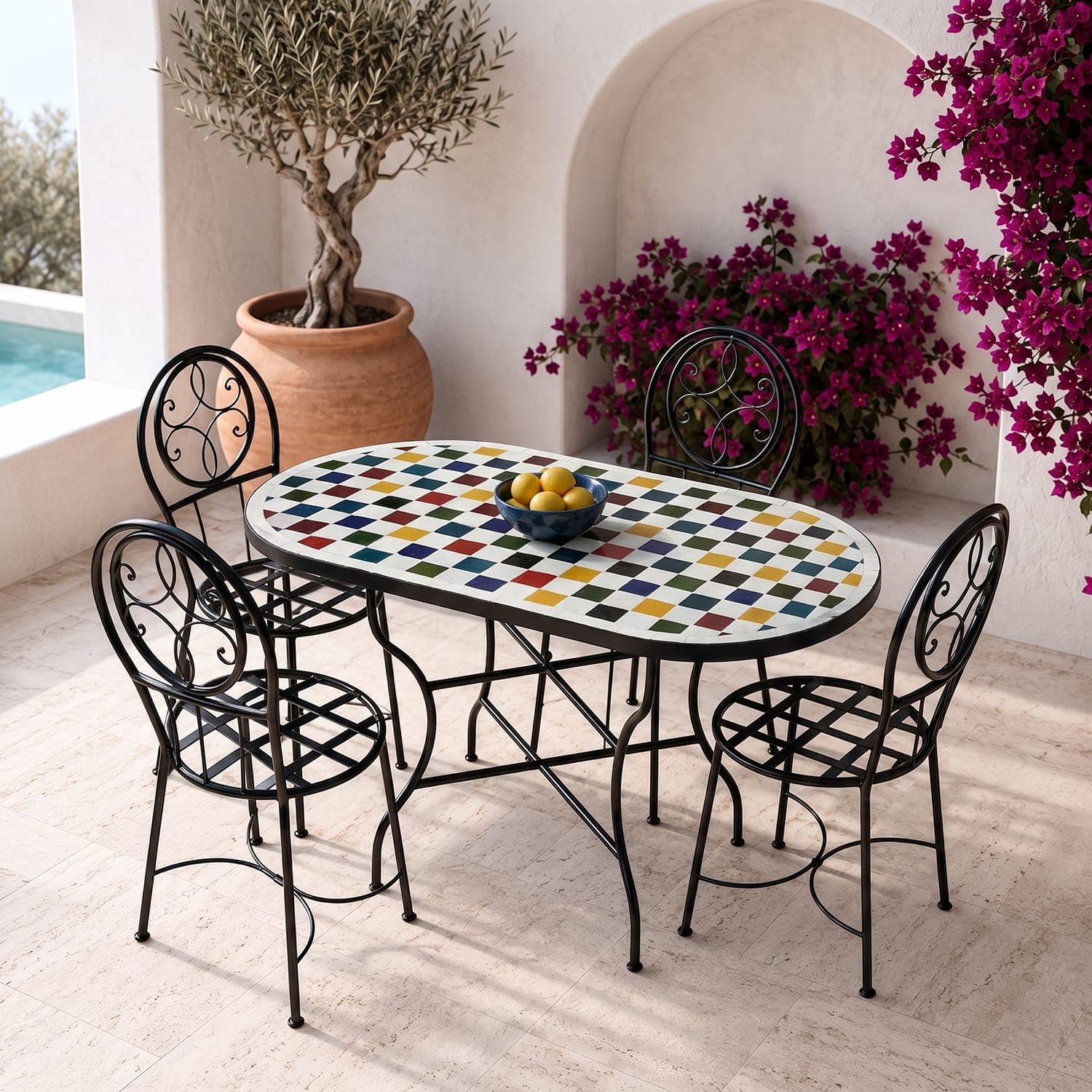 Generico Tavolo in Ferro Battuto con Mosaico Multicolore in Pietra Naturale + 4 Sedie-Fatto a Mano-Arredo Interno ed Esterno-2306261201