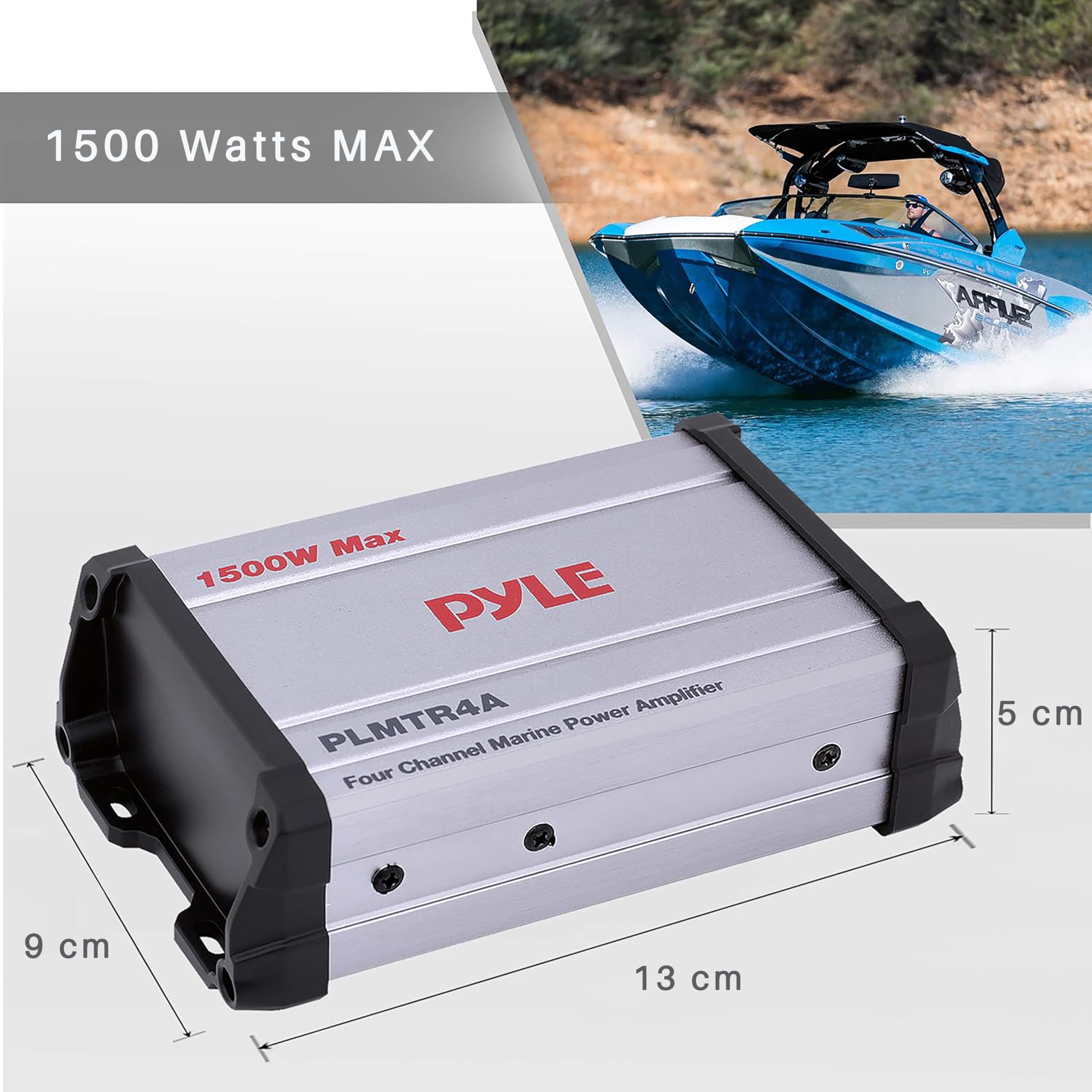 Pyle Récepteur Amplificateur Marin 4 Canaux - Subwoofer Audio Étanche et Résistant aux Intempéries pour Haut-parleurs Stéréo de Bateau et Autres Embarcations - Puissance de 1500 Watts, Câble D'entrée