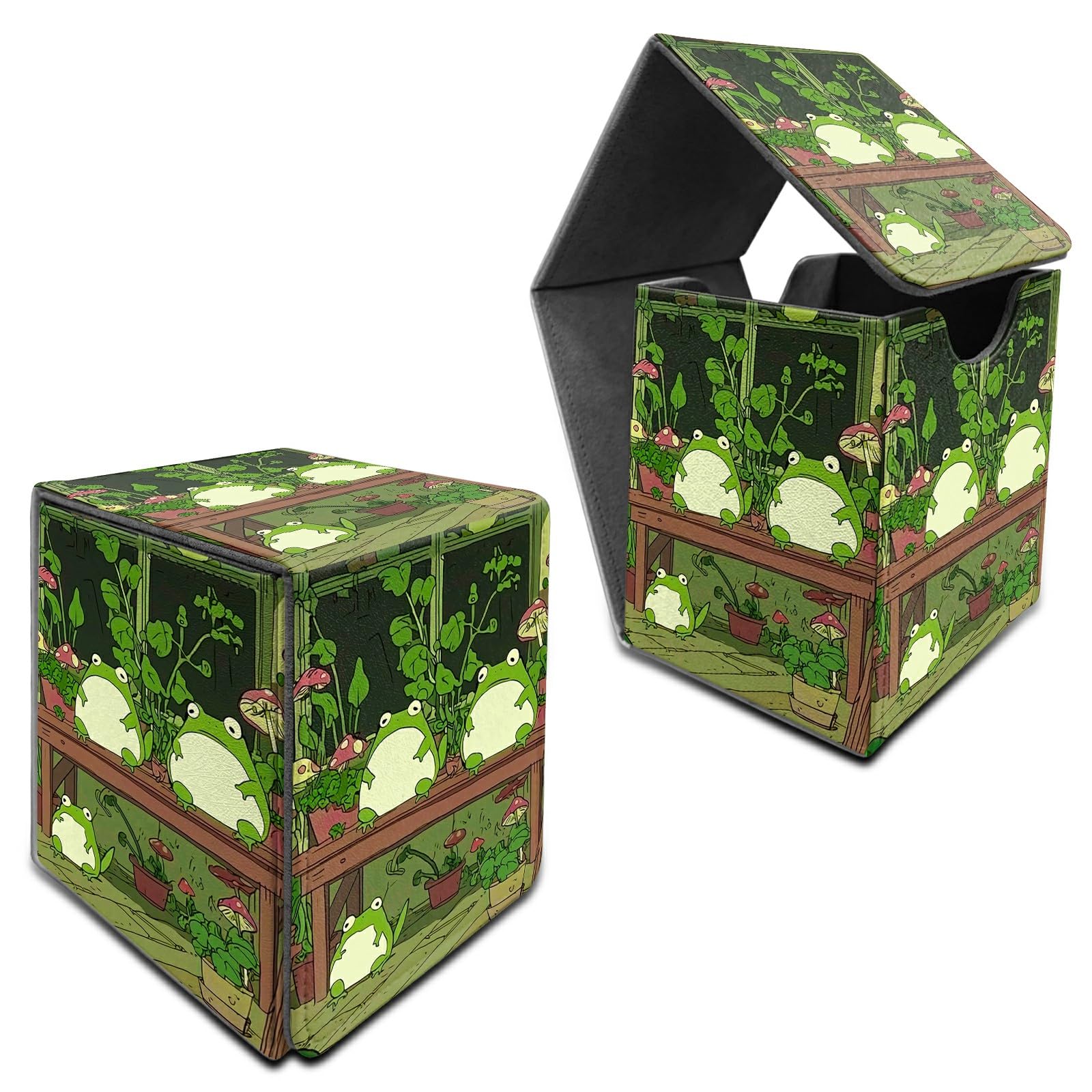 RWUTYTIUL Deck Box for MTG, Cards Storage Box Fits 120+ Sleeved, Leather Medium Size Strong Magnetic Closing Card Case for Board Games Magic TCG CCG Baseball Collection, Green Frog Flower