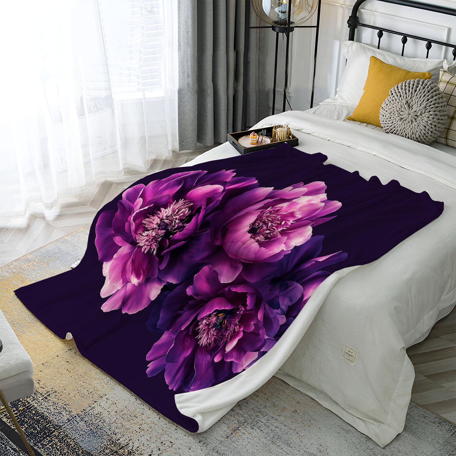 Couverture jeté en flanelle violette pivoine, le couvre-lit vintage en molleton