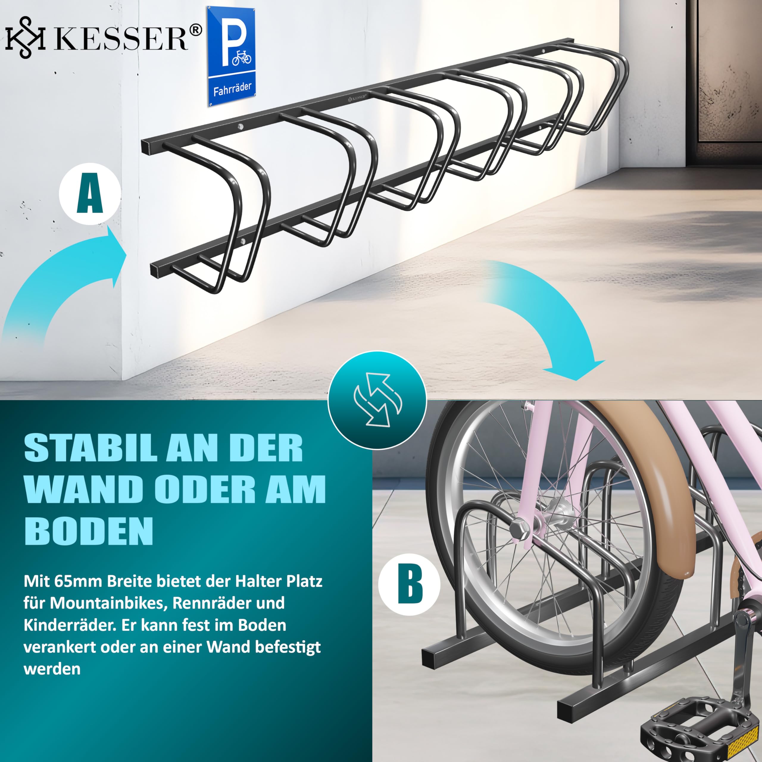 KESSER® Rastrelliere per Bicicletta con targhetta di parcheggio, Supporto Multiplo con Distanza di 37 cm, per Pneumatici di Larghezza 30-65 mm, Supporto per Bicicletta,