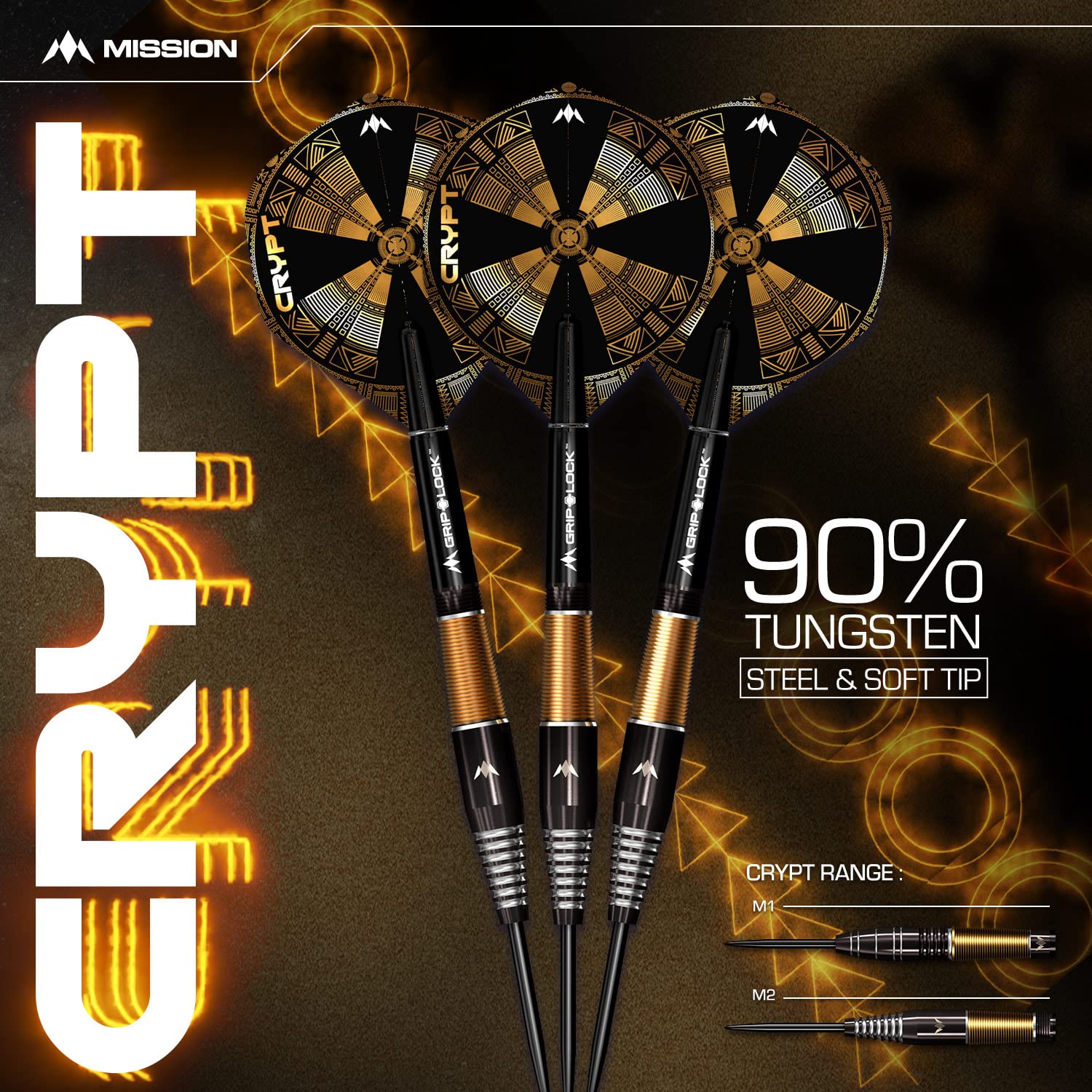 Mission Darts D1595 Crypt | Zestaw rzutek z wysokiej jakości 90% wolframu, czarny i złoty, powlekana PVD beczka i stalowa końcówka, M1, 24 g