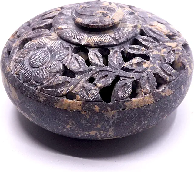 Braciere incenso in pietra ollare fatto a mano, ciotola 11 cm con coperchio