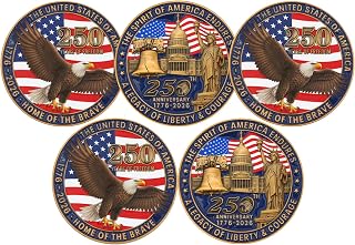 5Pcs 250th Anniversary of American Independence Challenge Coin (1776-2026) –Color 3D Zinc Alloy Coin, Double - Sided Design with Bald Eagle, Statue of Liberty & Historic Symbols (Pack of 5)