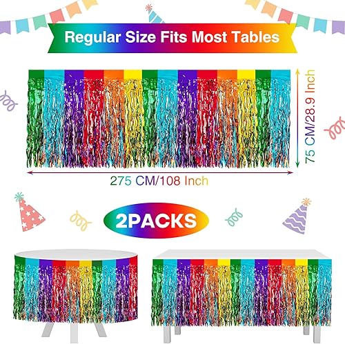Miniatura 2 de Morcheiong Paquete de 2 faldas de mesa de oropel de 29.5 x 108 pulgadas con flecos de papel de aluminio arcoíris desechables para mesas