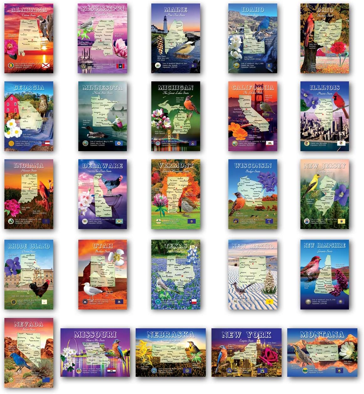 U.S. State Map Postcard Set of 50. Modern post cards variety pack. Postcards with maps of all fifty states of the United States of America. Made in USA.