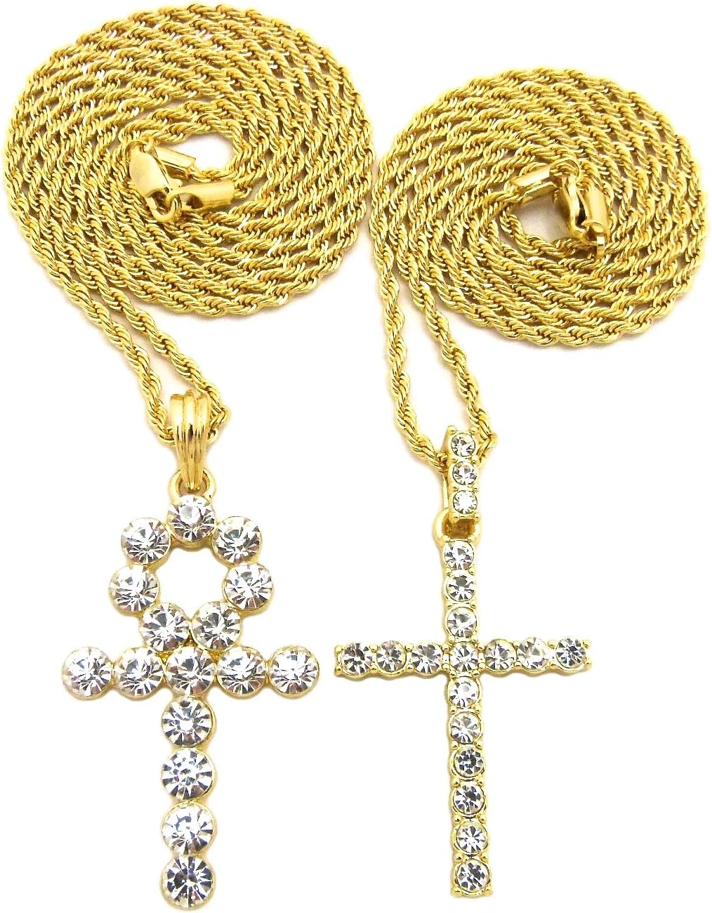 GWOOD Cross and Ankh Pendants Two Necklace Set 24 And 30 Inch Lengths Gold Color Rope Chains