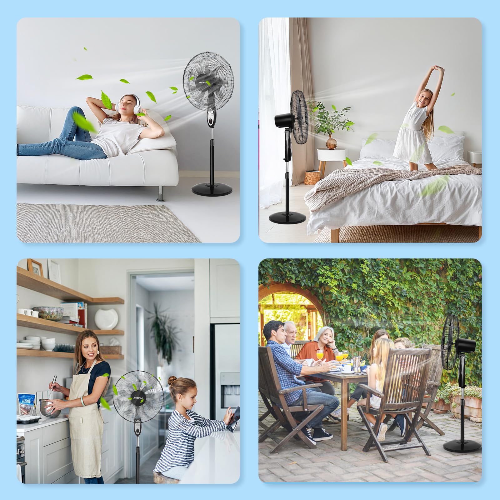 Aigostar Ventilador de Pie Silencioso, 9 Aspas, Mando a Distancia, 3 Velocidades, 3 Modos, Temporizador 7,5 Horas, Oscilante 80º, Ventilador de Altura Ajustable, Base Antideslizante, 35 m2, 55 W, Carr