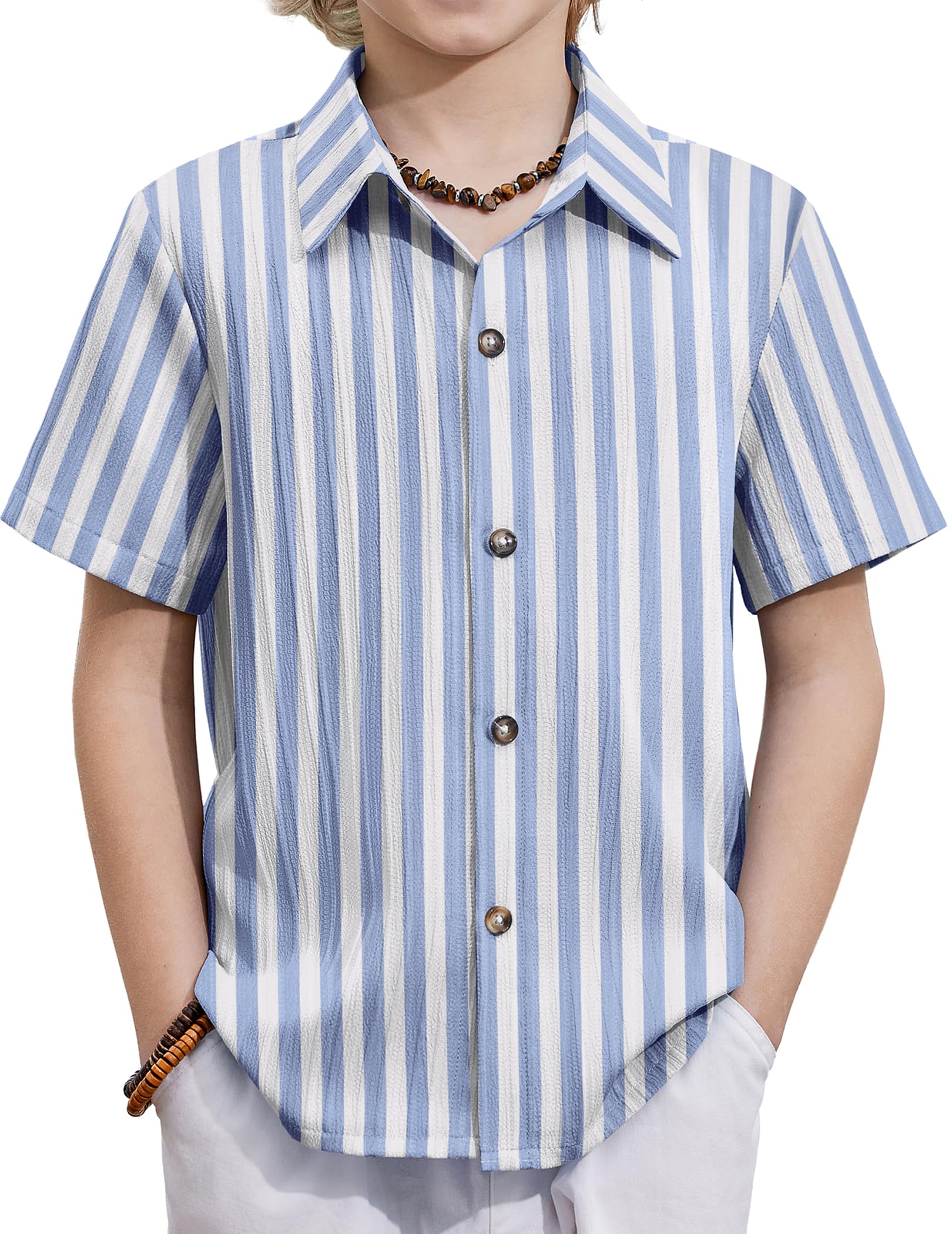 Arshiner Boys Casual Short Sleeve Button Down Shirt Fashion Textured Summer Beach Shirt 3-13 Years Old