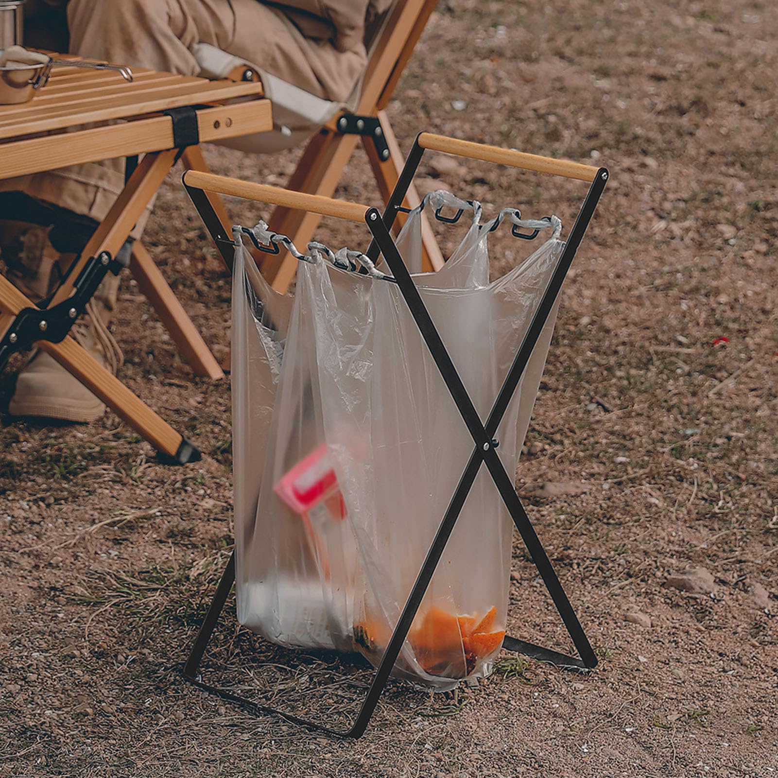 Support de Sacs Poubelles Portable, Cadre en Fil de Fer Pliable, Poubelle de Tri des Déchets avec 2 Sacs Poubelles pour Cuisine, Camping Intérieur et Extérieur(Noir)